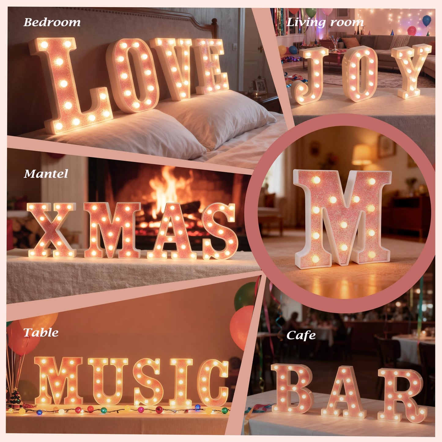 Light Up Pink LED Letters Glitter Alphabet Letter Sign Lights， Battery Powered for Night Birthday Party Wedding Girls Gifts Home Bar Christmas Decoration, Pink Letter D