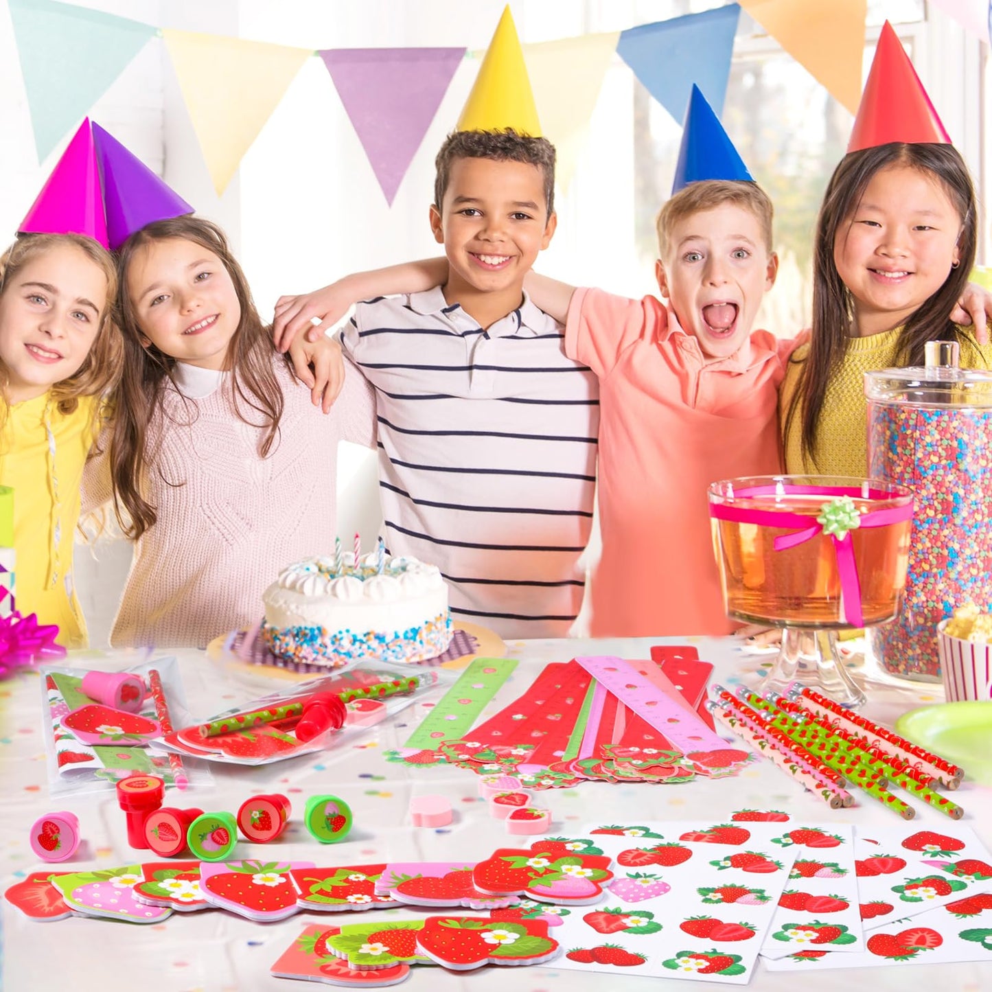Cholemy 168 Pcs Strawberry Party Favors Supplies Stationery Set Notebook Sticker Stamper Eraser Ruler Pencil Bag for Strawberry Baby Shower Birthday Party Gift Classroom Prize