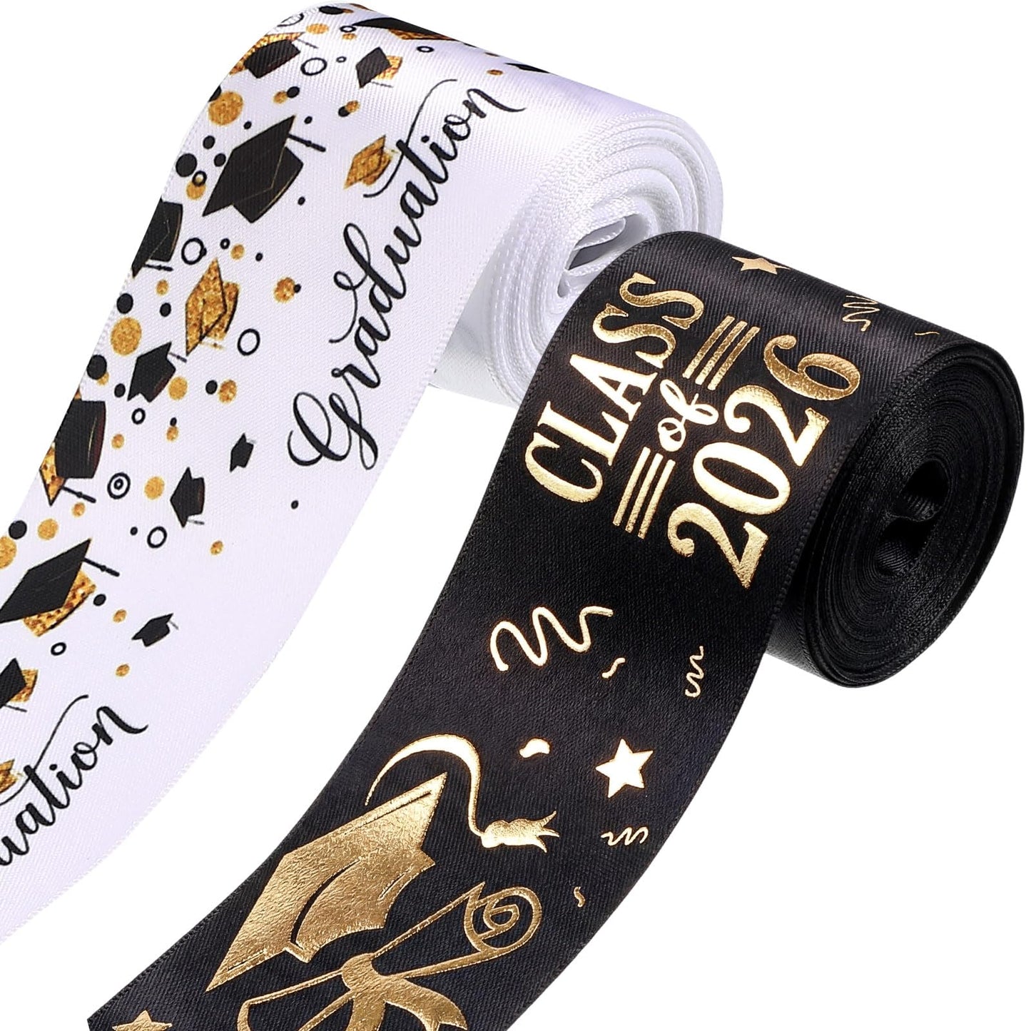 WILLBOND 2 Rolls Class of 2026 Graduation Craft Ribbons 7/8 Inch x 10 Yards Congrats Grad Black White Gold Satin Ribbon for Graduation Party Favors Ribbon for Wrapping Gifts Headband Bow
