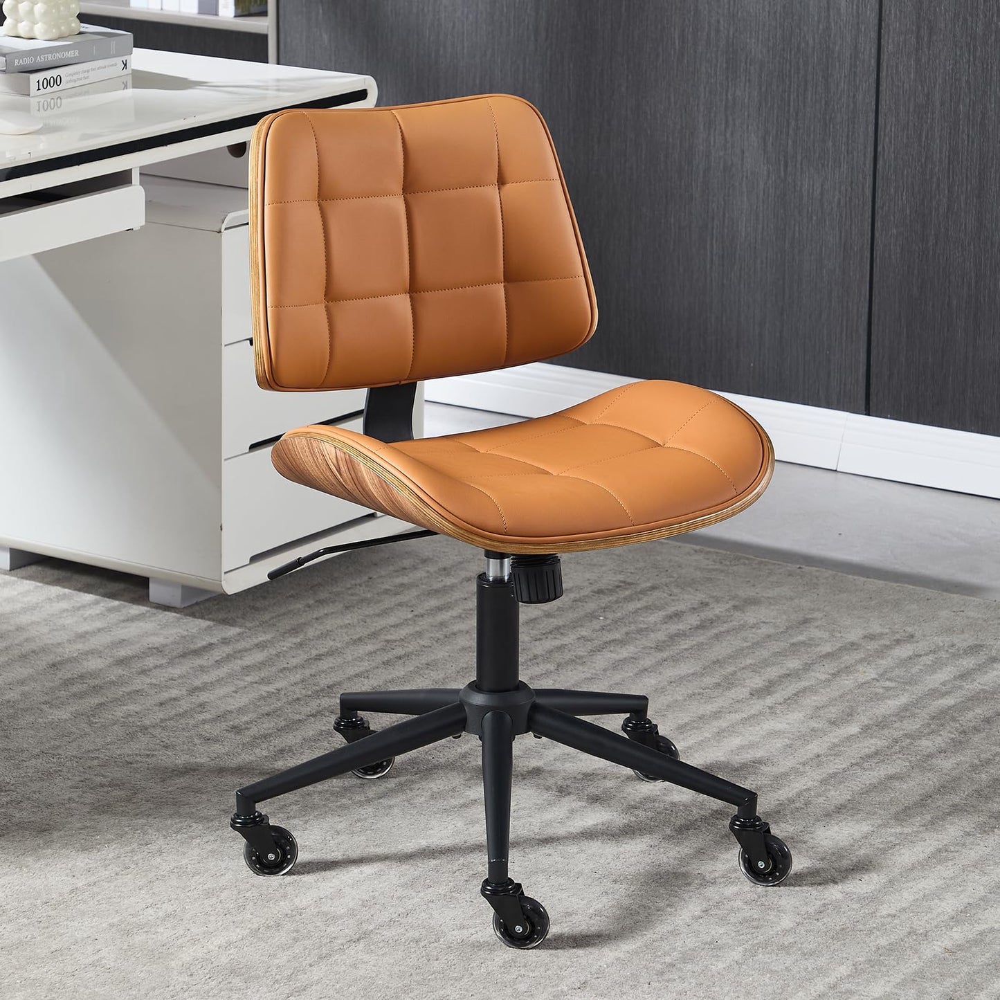 BERYTH Home Office Desk Chair with Wheels, Adjustable Height Armless Office Chair, PU Leather Mid Back 360° Small Computer Chair, Modern Walnut Chair No Arms for Office, Reading Meeting Room(Brown)