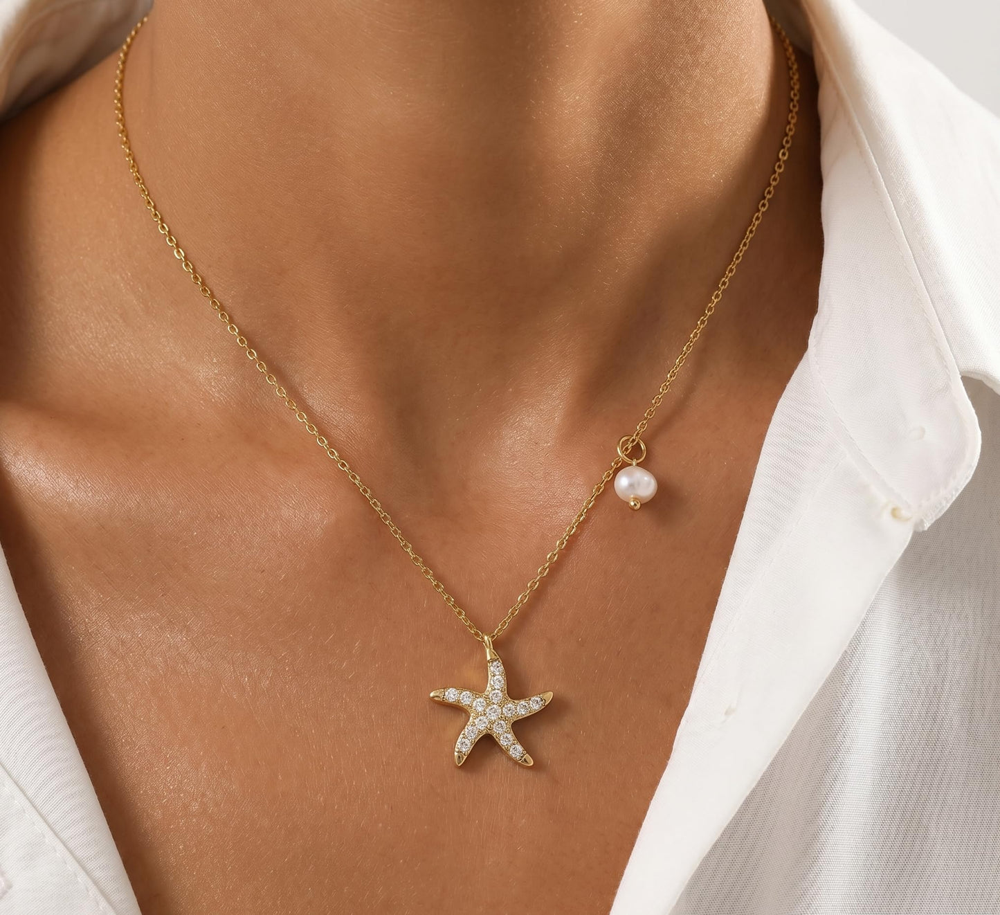 S925 Sterling Silver Starfish Necklace with Fresh Water Pearl, Sparkling Pave Zirconia Sea Star Pendant, Dainty 14K Gold Plated Asymmetric Choker, Ocean Beach Inspired Jewelry Gift for Women (sliver)