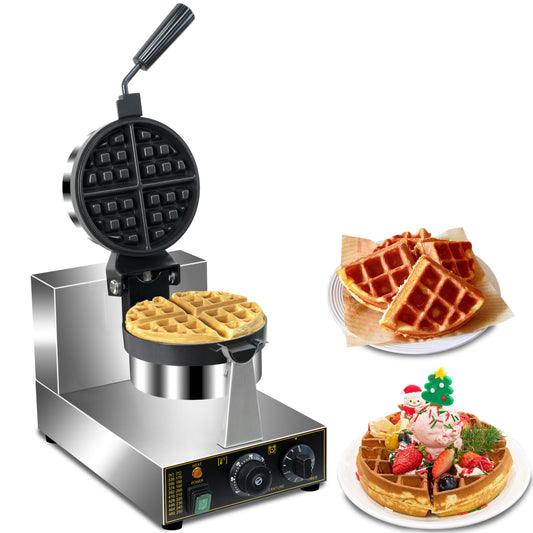 Commercial Waffle Maker, Professional Belgian Waffle Maker Round Waffle Iron Non-Stick 180° rotary Waffle Iron Machine With Temp and Time Control, for Restaurant Bakeries Kitchen Home 110V 1300W