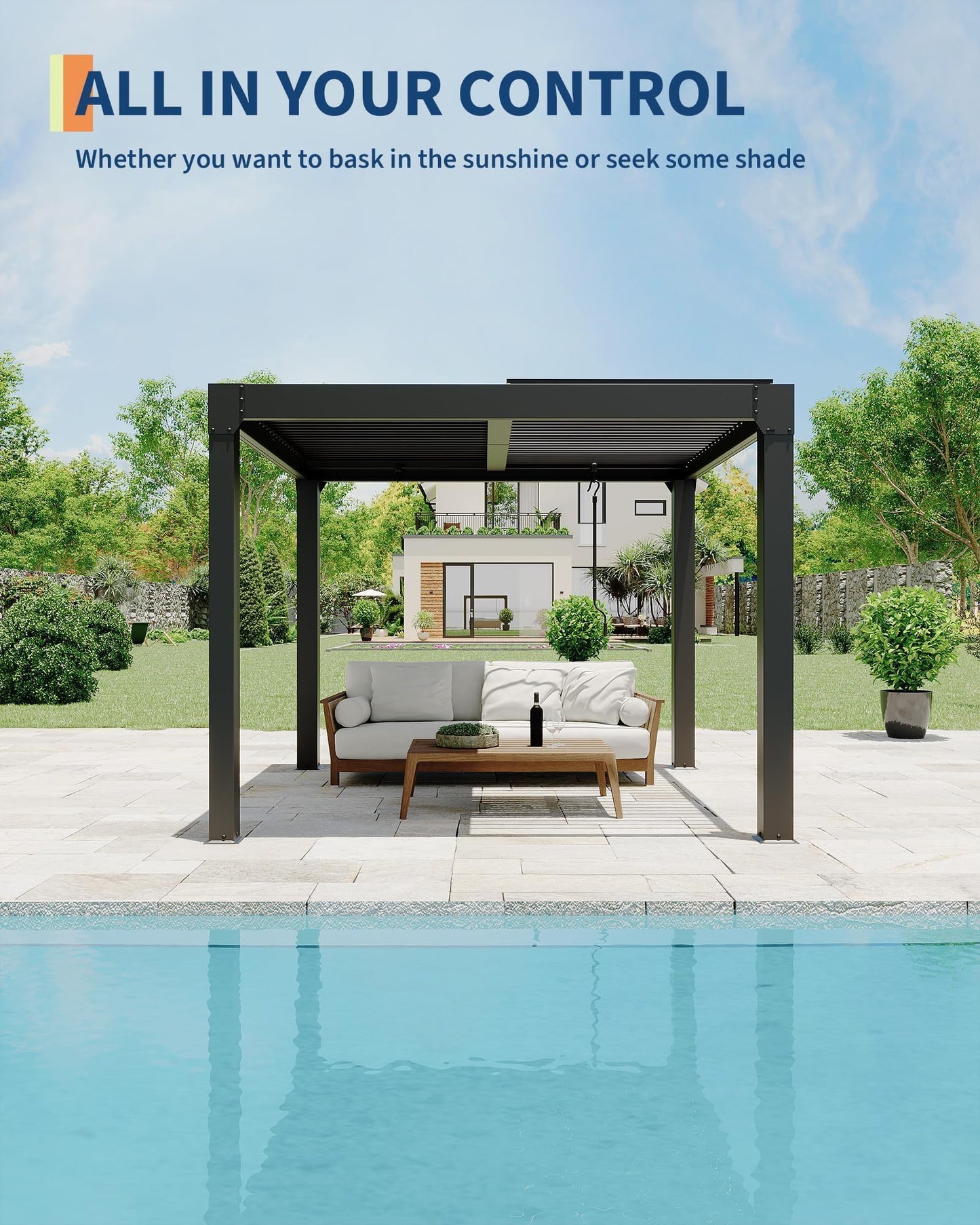 10x10 FT Louvered Pergola Outdoor Pergola with Roof, Adjustable Aluminum Louvers, Drainage System, Patio Gazebo, Pergolas for Patios, Garden & Backyard Outdoor Shade