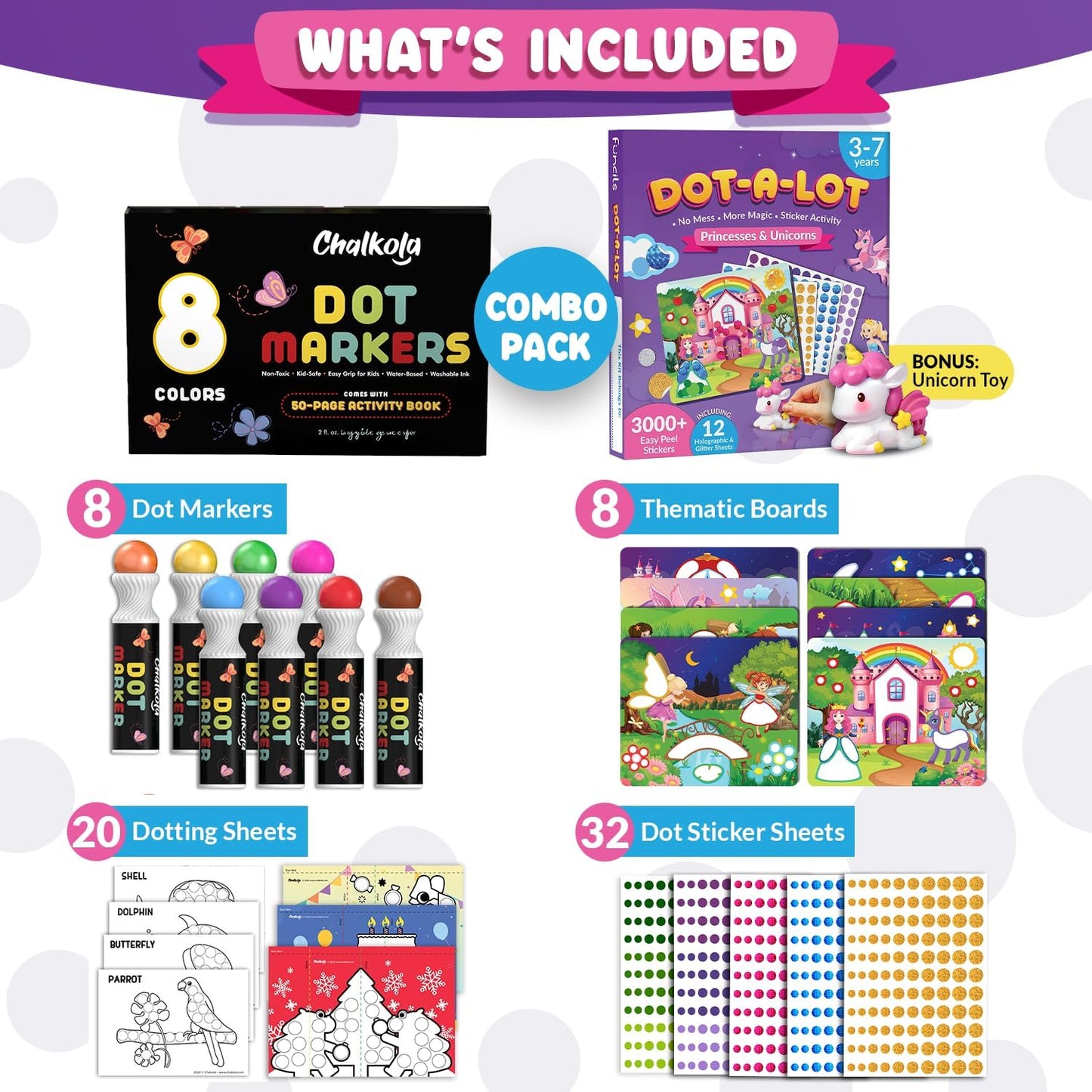 Chalkola Dots of Fun - 8 Washable Dot Markers + Dot Art Sticker Activity Kit | Toddler Art & Craft Supplies for Kids, Stocking Stuffers, Gifts for Boys & Girls Ages 3, 4, 5, 6, 7 Year Old
