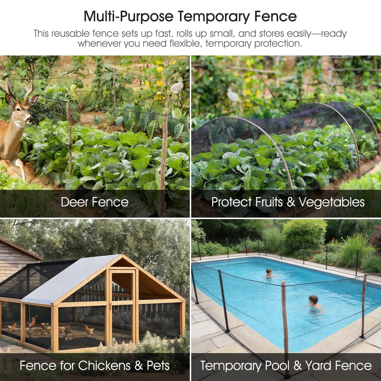 Deer Fence, RIFNY 6.5 x 100 FT Temporary Fence for Garden Outdoor Yard, Plastic Mesh Fencing Netting to Protect Plants Fruit from Deer Dogs Chicken Animal (Black)