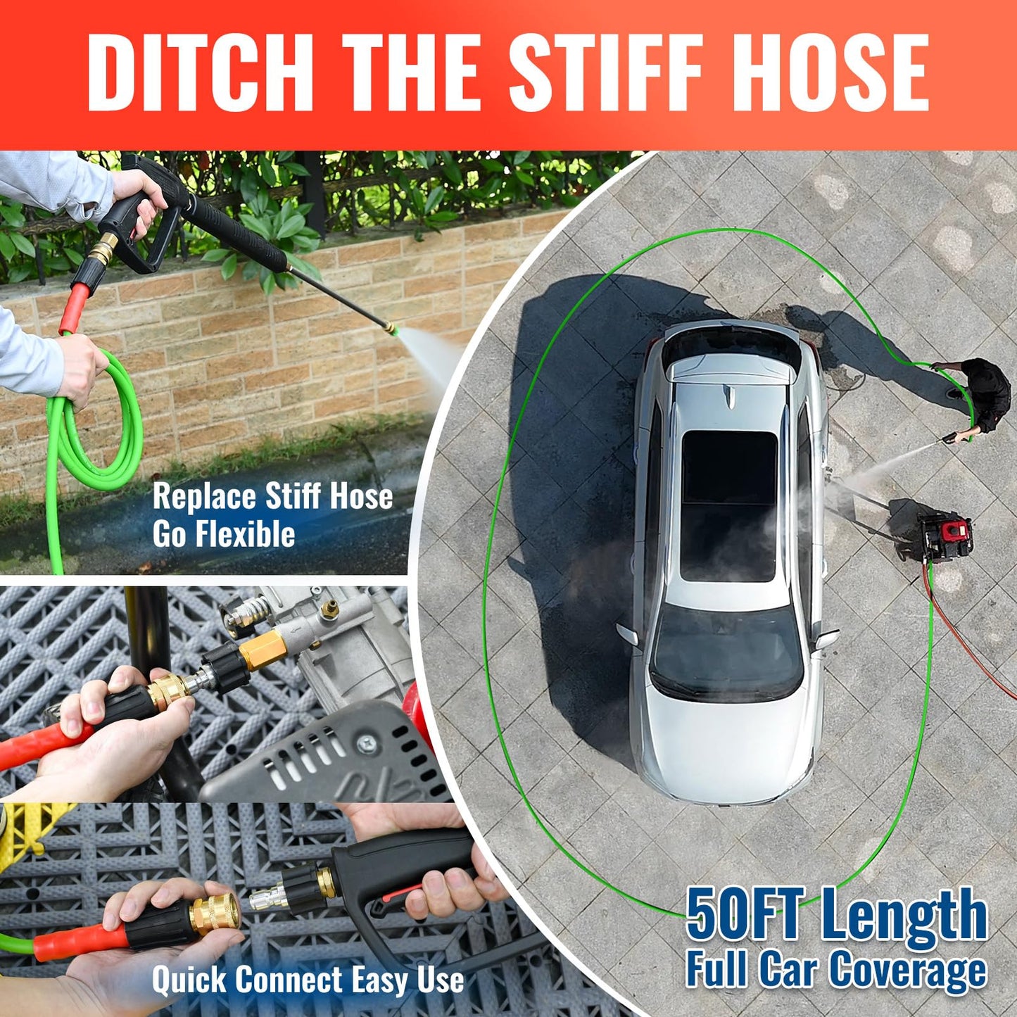 YAMATIC Super Flexible Pressure Washer Hose 50FT for Power Washer Replacement, Kink Resistant Extension With Leak-Free M22 Female & 3/8" Quick Connect Adapters, 1/4" 3200 PSI, Green