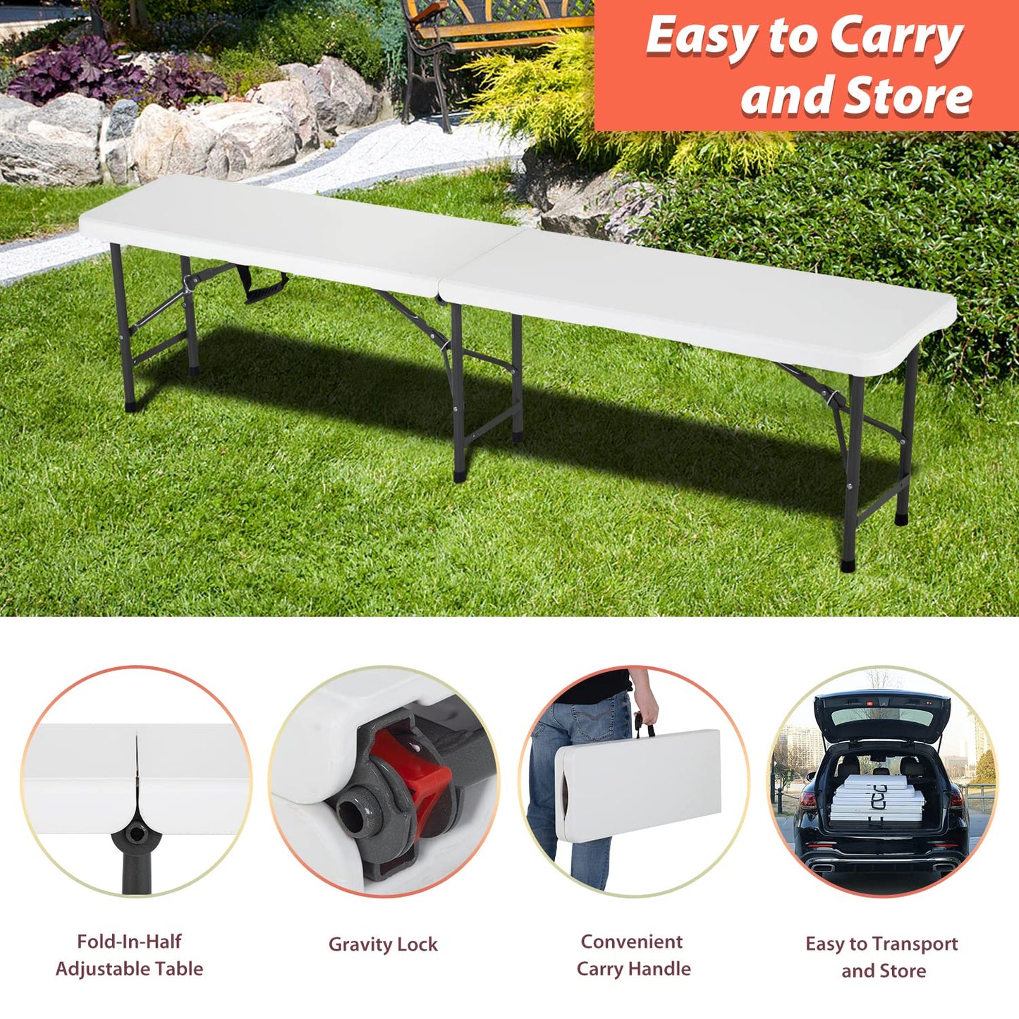 6FT Bench Chair Plastic Folding Bench Plastic Portable Outdoor Bench Garden Bench with Carrying Handle and Lock for Camping Picnic Party Dining 2 Pack White