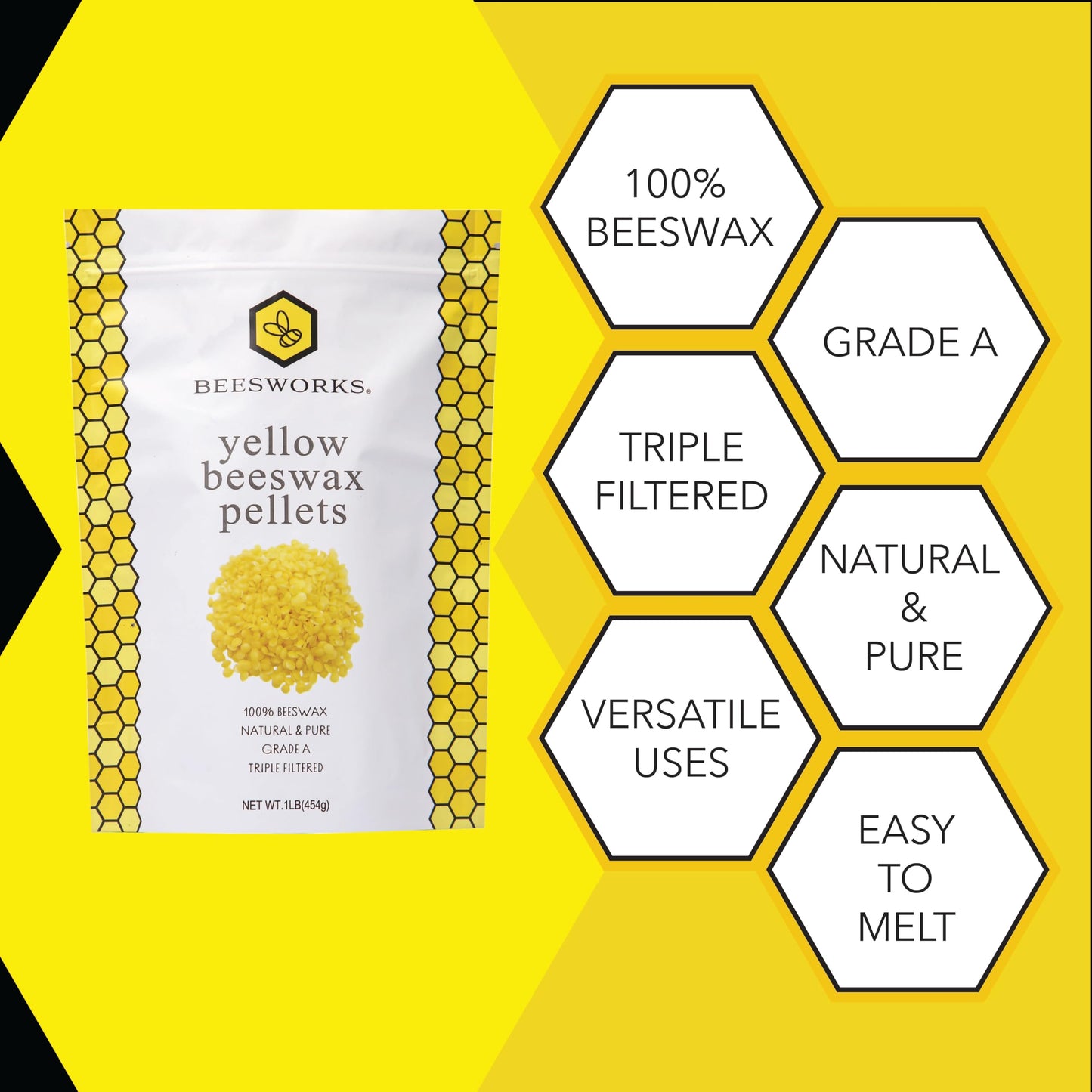 Beesworks Yellow Beeswax Pellets (1 lb) | 100% Pure, Cosmetic Grade, Triple-Filtered Beeswax for DIY Skin Care, Lip Balm, Lotion, and Candle Making