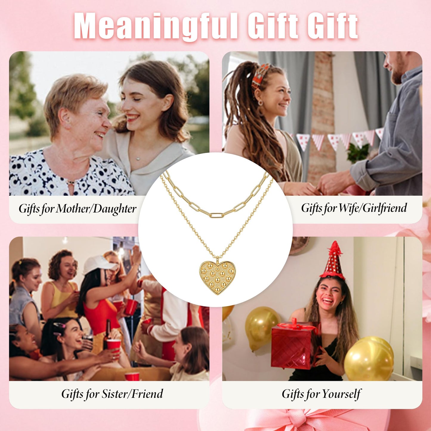 MEVECCO Gold Layered Choker Necklace for Women, 18K Gold Plated Dainty Heart Pendant Minimalist Paperclip Double Layer Necklace for Jewelry
