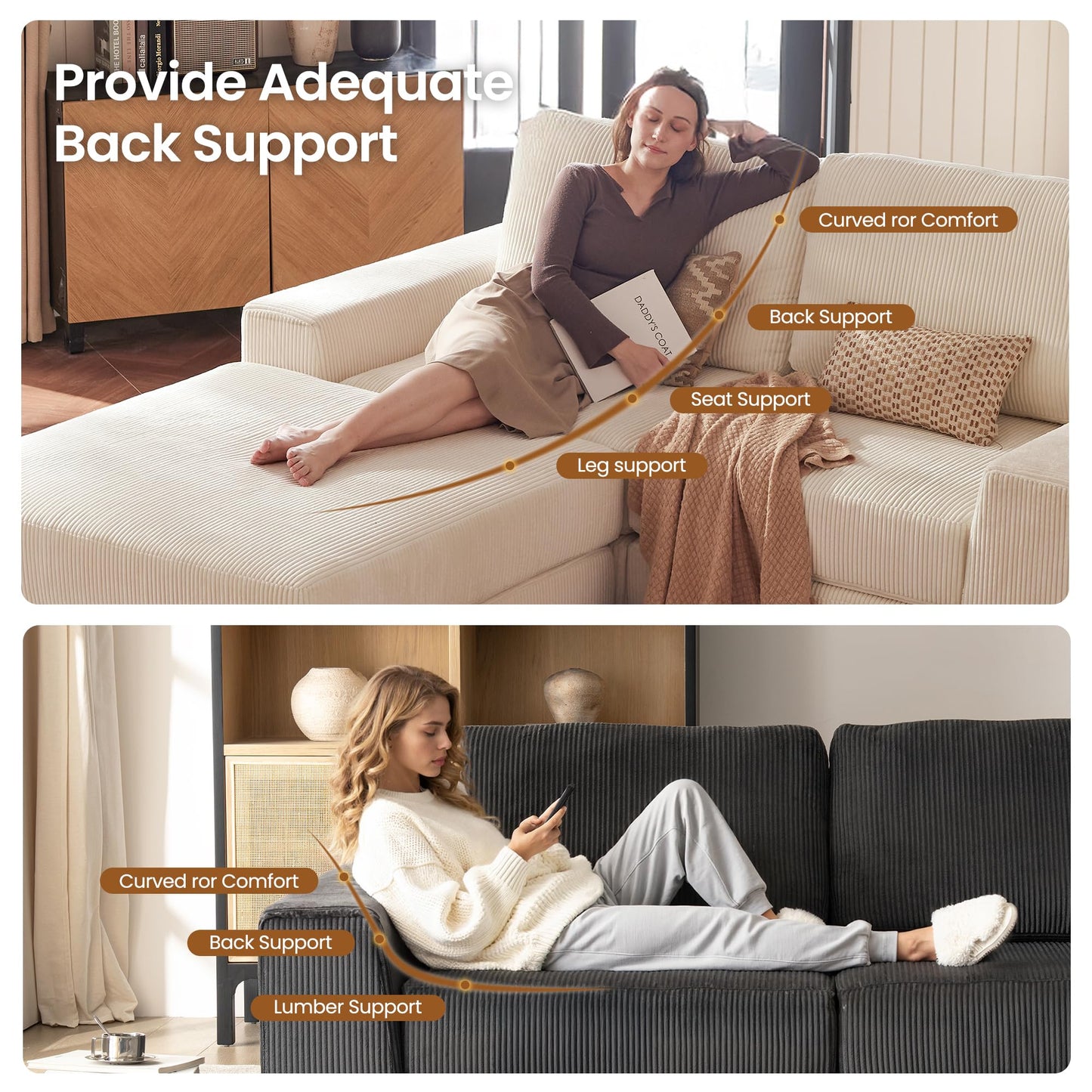 Modular Sectional Sofa, 120.47" Modern Cloud Couch Sectional Sofa with L-Shaped Chaise Comfy Corduroy Fluffy Couch with Deep Seat Boneless Couches for Living Room Bedroom, Beige