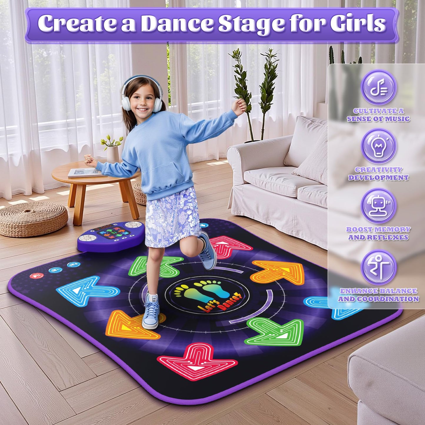 Dance Mat Toys for 3-12 Year Old Kids, Kids Dance Mat with Light-up 8-Button Wireless Bluetooth, Dance Pad Toy with 5 Game Modes, Christmas Birthday Toys Gifts for 3 4 5 6 7 8 9 10+ Year Old Girls