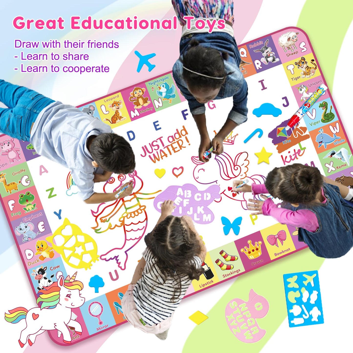 Toddlers Toys Water Doodle Mat: 48 X 32 Inch Large Mess Free Coloring & Drawing Mat - Instant Drying - Kids Educational Toys for Girls Age 3-5 Home Activities - Birthday/Christmas Gifts for Girls Boys