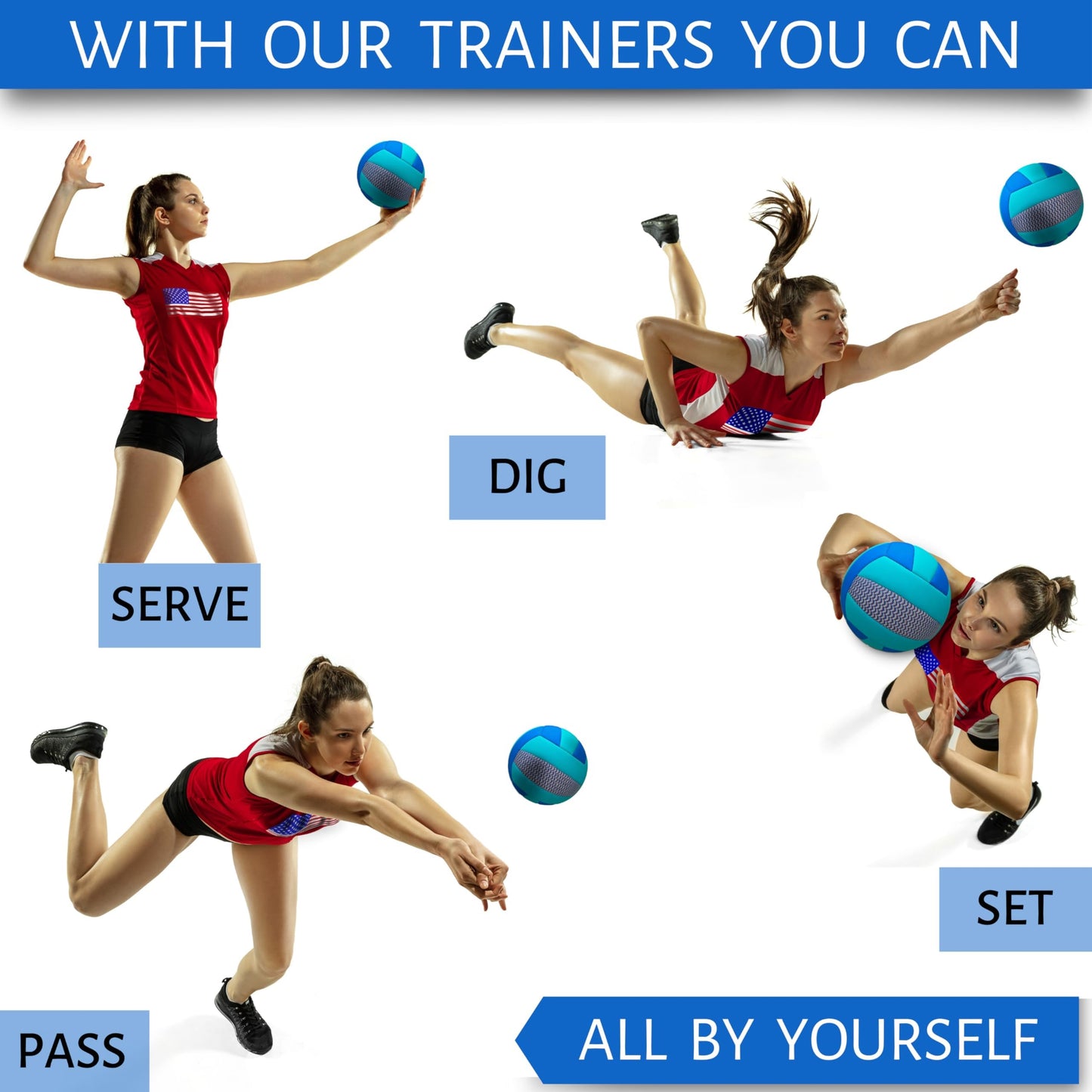 OVANTO Volleyball Training Equipment Aid – Adjustable Practice Hitting Rebounder in 4 Styles to Serve, Spike, Set, and Pass Like a Pro - Volleyball Practice Equipment Gift for Beginners & Experts