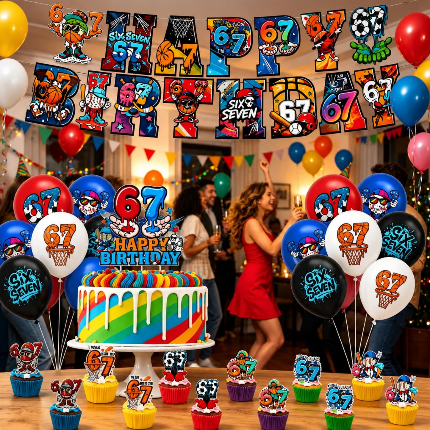 lvyujia 6 7 Birthday Decorations Kit, I Was 6 Now I'm 7 Birthday Decorations, Funny Meme Party Supplies with 50PCS Stickers, Banner, Balloons, Cake & Cupcake Toppers for Indoor Outdoor Party Décor