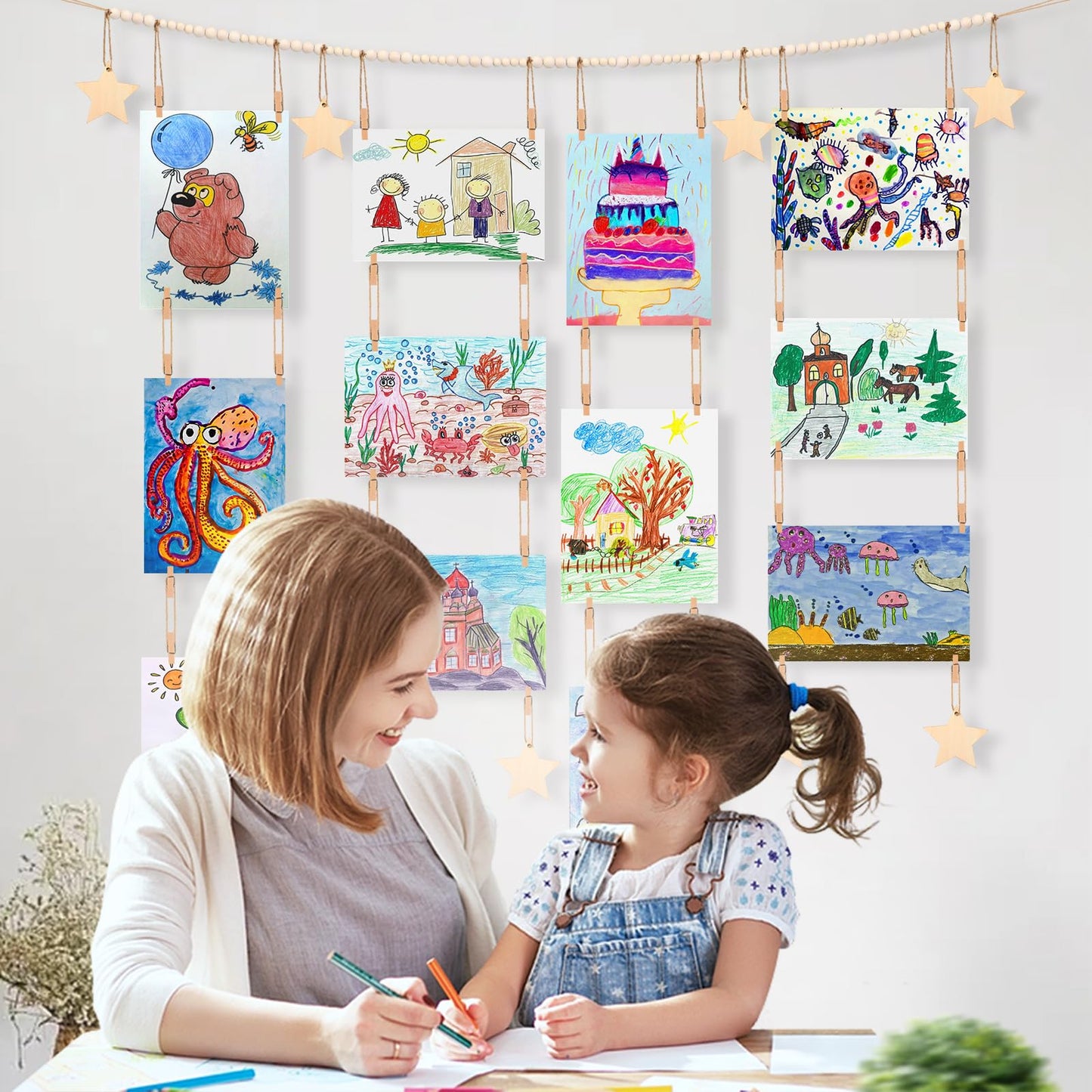 Dexspoeny Art Display for Kids Artwork on Wall with 72 Clips, 48 Twine, Boho Bedroom Living Decor Wooden Stars Beads Garland Decor for Hanging Picture
