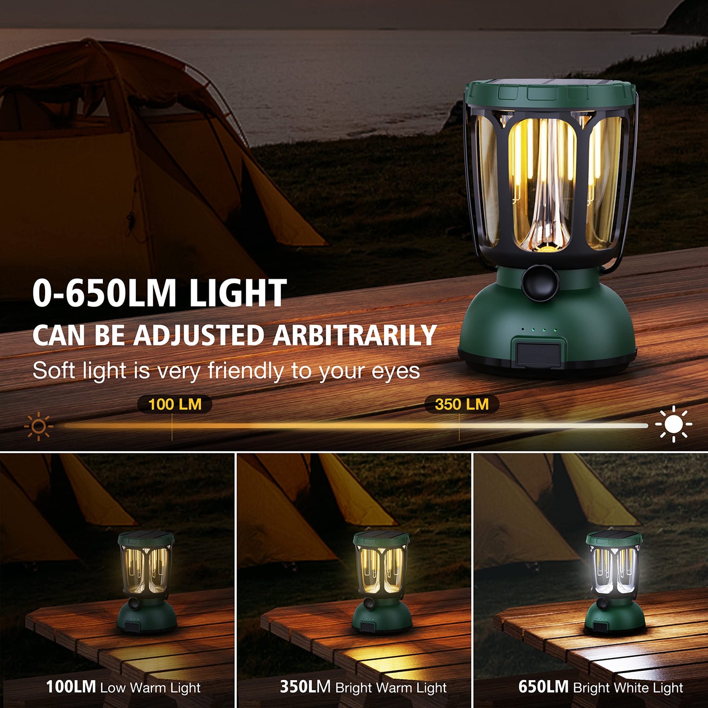 Raynic 6000 LED Camping Lantern, 650LM Hand Crank Solar Battery Powered Rechargeable Lantern, Emergency Lights for Home Power Failure, Hurricane, USB Cable Included