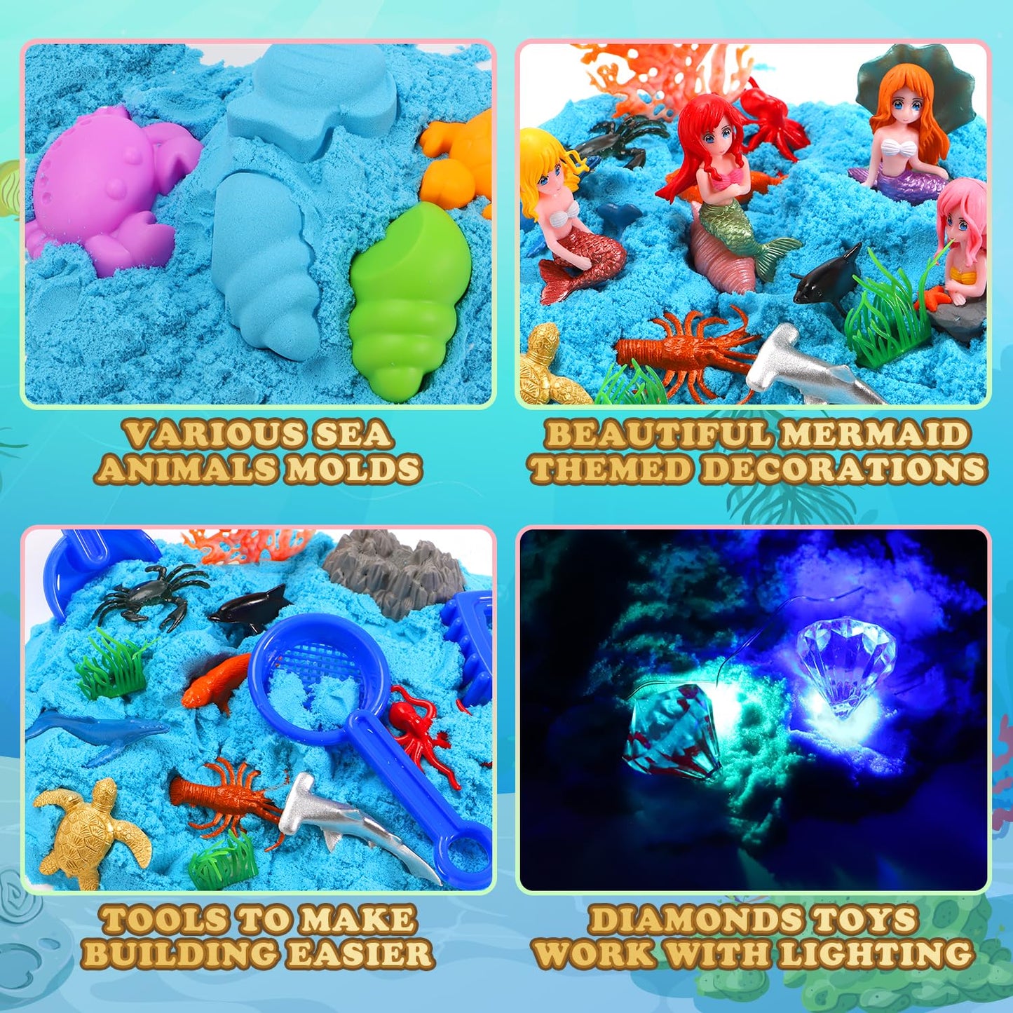 GAIETYDIY Mermaid Sensory Bin for Girl, Magic Sand Art Kit with LED Light, 2.2lbs Sensory Sand, Ocean Sea Animals, Sand Box with lid, Mermaid Toy Christmas Birthday Gift for Girls Ages 3 4 5 6 7 8…
