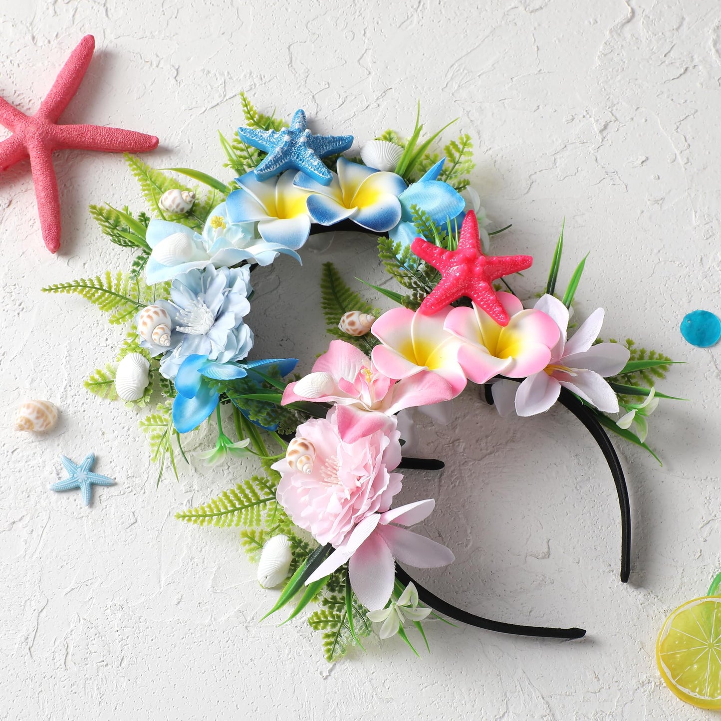 KorViSHOW Hawaiian Flower Crown Headband, Artificial Pink Orchid Plumeria Hawaii Floral Headpiec, Tropical Starfish Flower Headbands for Summer Beach Hula Dance Hair Accessories Party Favor Supplies