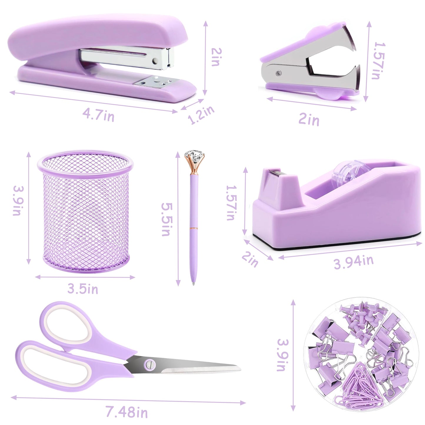 Purple Office Supplies, Purple Desk Accessories, Stapler, Staple Remover, Tape Holder, Pen Holder, Ballpoint Pen, Scissor, Binder Clips, Paper Clips and 1000pcs Staples.