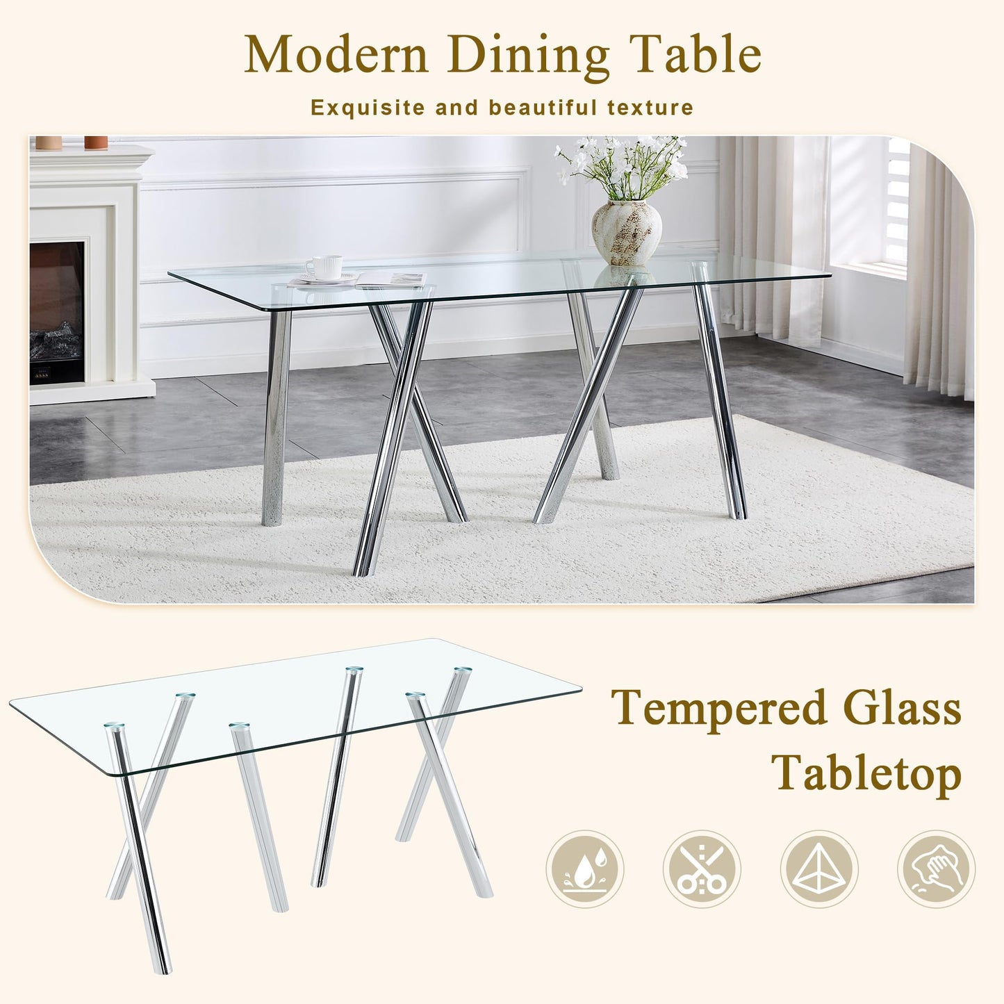 Vohward 71" Glass Dining Table Set for 6, 7 Piece Modern Tempered Glass Dining Room Table with 6 White Upholstered Chairs, Rectangular Kitchen Table Set with Chrome Metal Legs, 400 lb Capacity