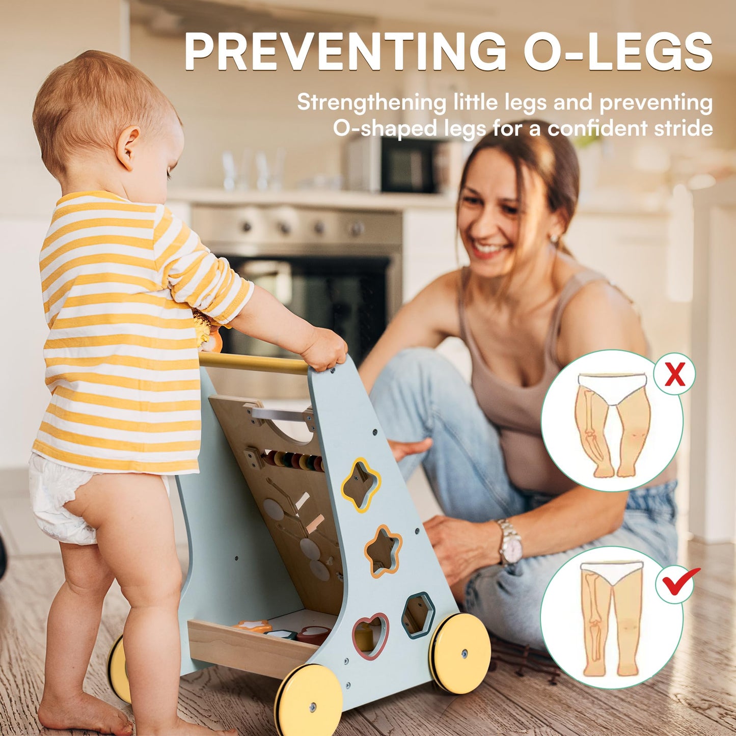 ROBOTIME Wooden Baby Walker, Wooden Push Walker with Wheels, Montessori Push Toys for Babies Learning to Walk, Baby Walkers Activity Center for Boys and Girls