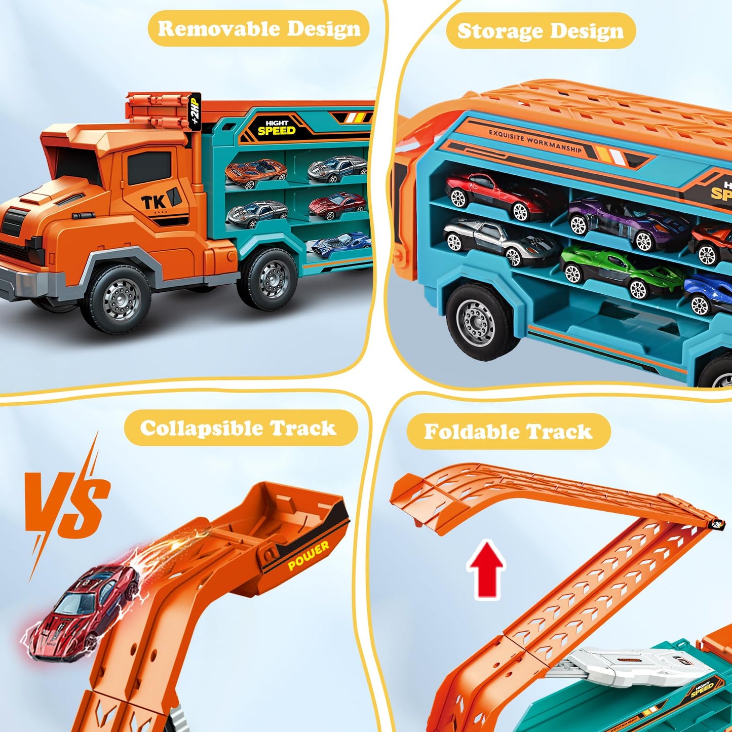 Toddler Car Truck Toys,Car Carrier Truck Toy for Kids Age 3-5 4-8,Foldable Car Track Sets with 2.8-Ft Race Track and 6 Die-Cast Race Cars, Truck Toys Gifts for 3 4 5 6 7 8+ Year Old Boys Girls(orange)