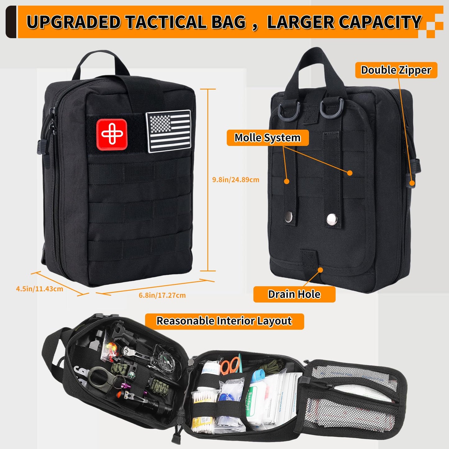 Survival Kit, Gifts for Men Women Teen Boys, 252 pcs Survival Gear and Equipment Mini First Aid Kit for Car Home, Emergency Kit with Molle System for Earthquake, Outdoor Adventure, Car Travel (Black)