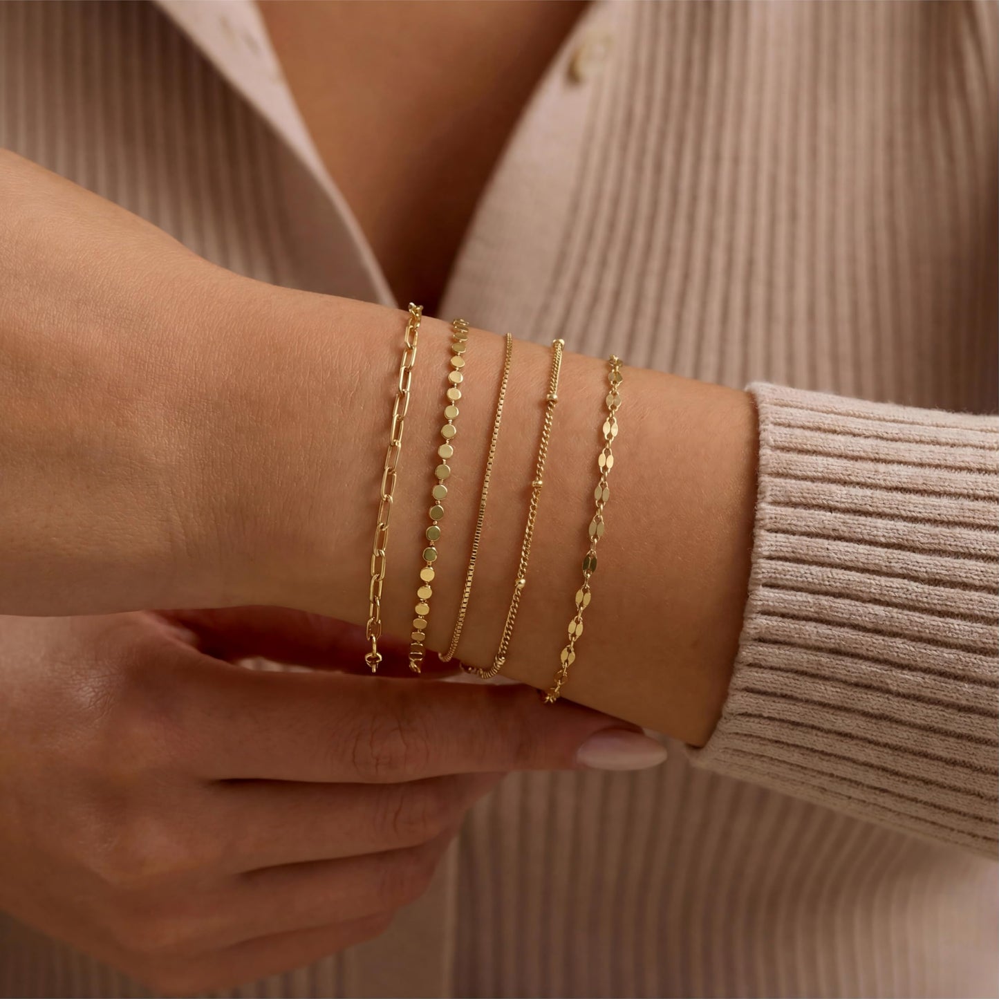 Dainty 14K Gold Plated Bracelets for Women, Stackable Satellite Paperclip Lip Bracelet Set Tiny Lip Dot Chain Box Link for Handmade Gift Minimalist Cute Trendy Jewelry Gold Accessories for Women