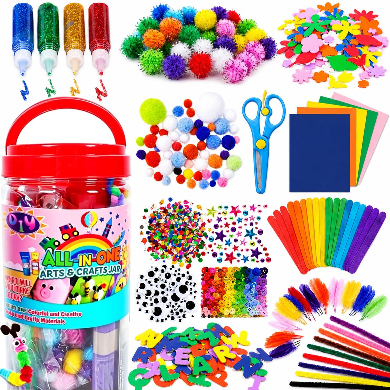 FUNZBO Arts and Crafts Supplies for Kids - Toddlers Craft Kit with Glitter Glue Stick, Pipe Cleaners, Pom Poms, Popsicle Sticks Tools, DIY School Supplies Kit, Birathday Gifts for Girls Boys Age 4+