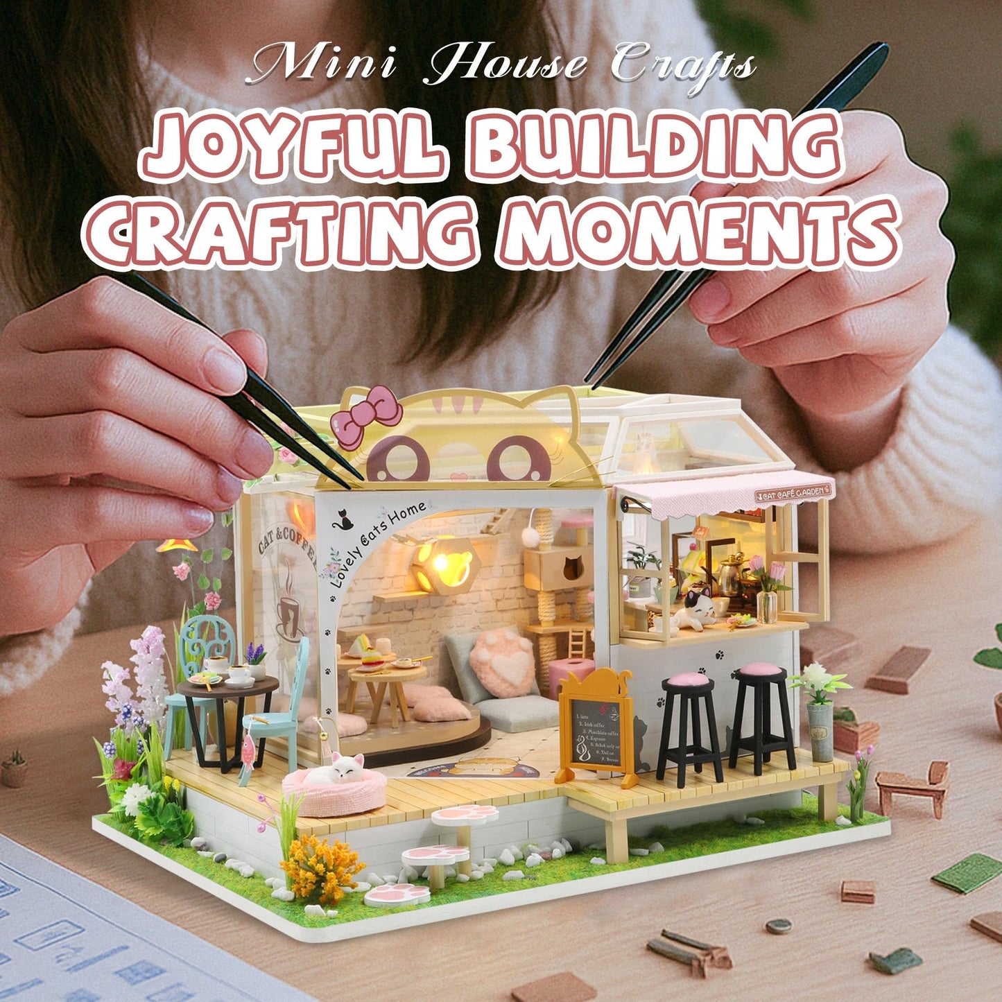 Kisoy Dollhouse Miniature with Furniture Kit, Handmade DIY House Model for Teens Adult Gift (Cat Cafe Garden)