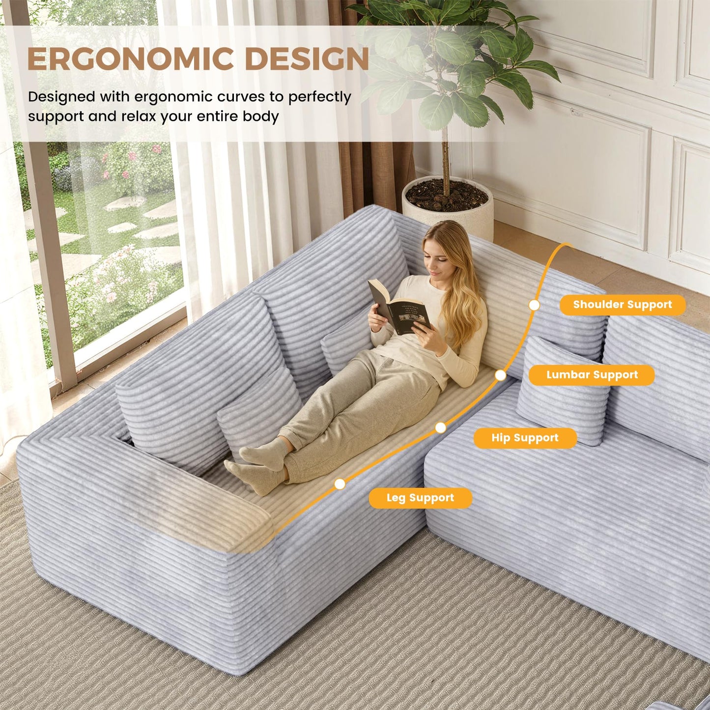 Luxanimarion 136'' Large Sectional Cloud Couches with Chaise, U Shaped Boneless Sofa Bed with Ottoman, No Assembly Required Deep Seat Modular Lounge for Living Room 4PCS Set, Bedroom(Light Grey)