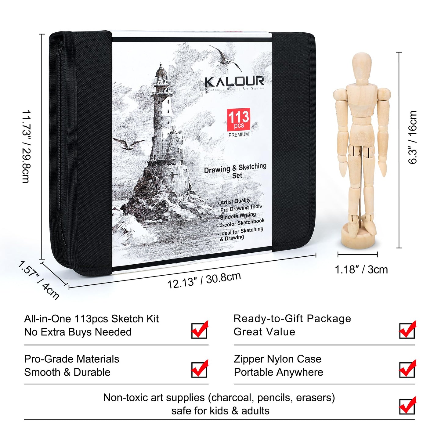 KALOUR 113PCS Drawing Set, Professional Sketching Kit with 3-Color Sketchbook,Graphite & Charcoal Pencils, Wooden Mannequin, Art Tools in Zipper Case, Art Supplies for Beginners & Artists Gift