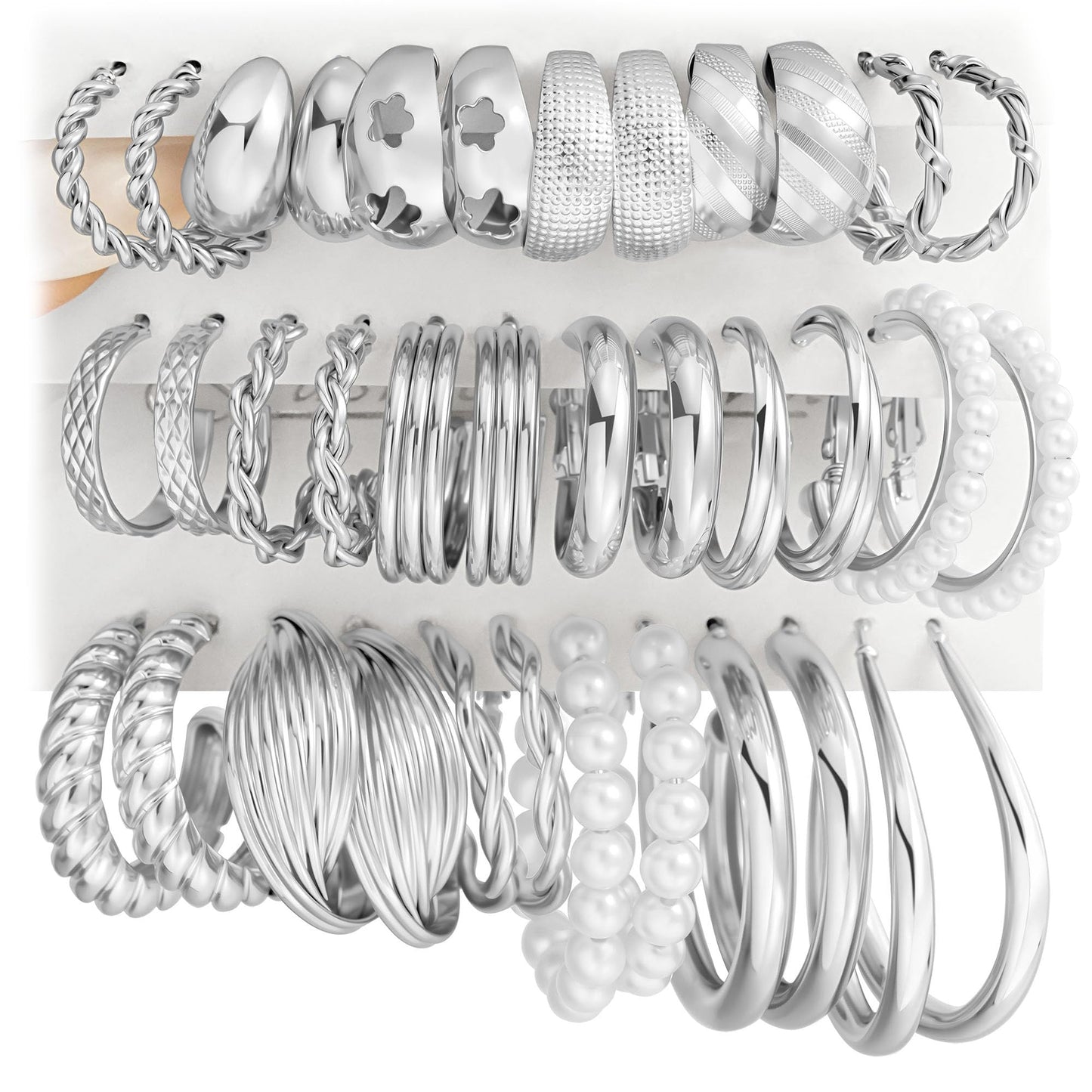 Silver Hoop Earrings Set for Women, 18 Pairs Hypoallergenic Chunky Open Pearl Hoops Earring Multipack, Silver Statement Hoop Earrings for Women Trendy Jewelry