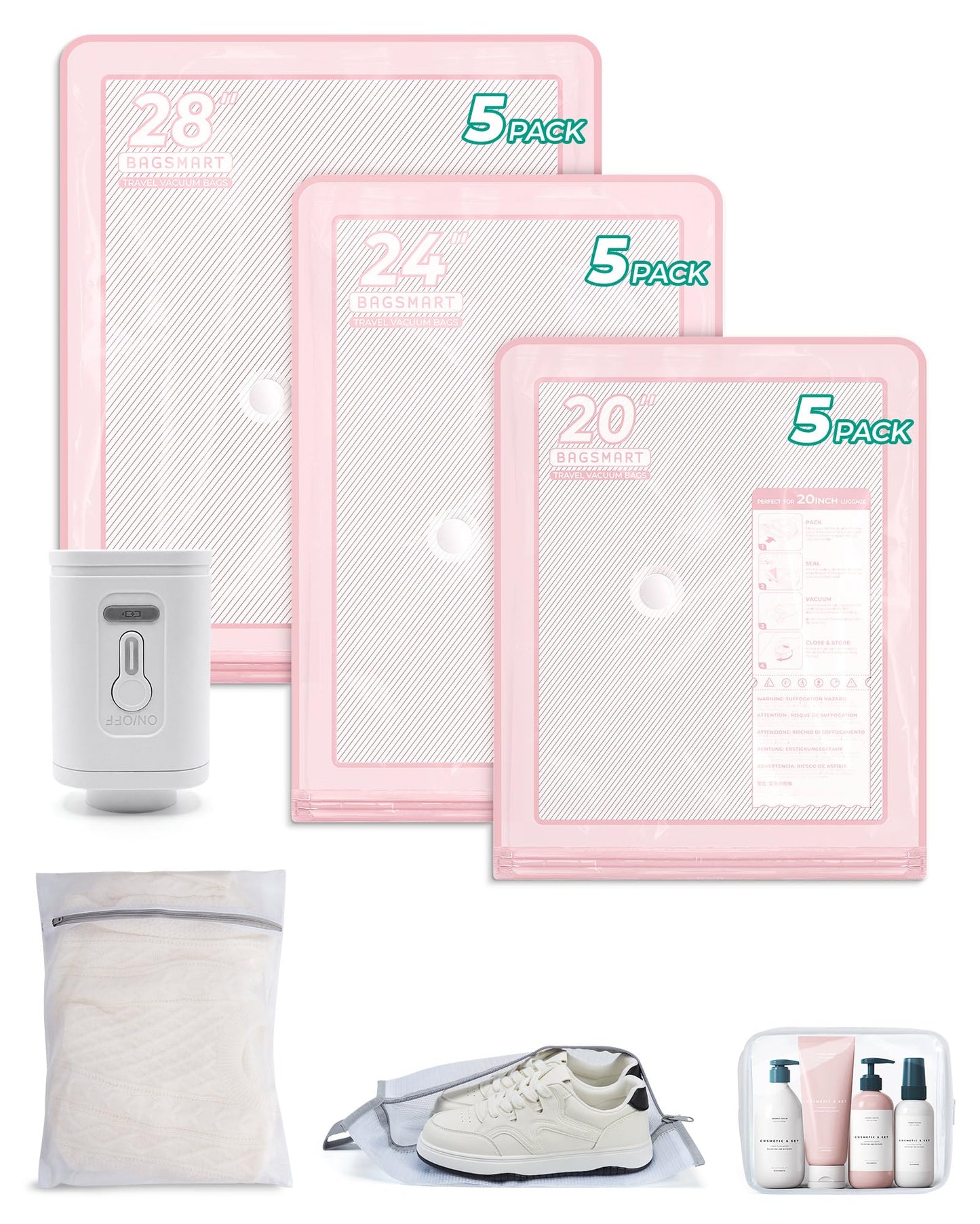 BAGSMART Vacuum Storage Bags with Portable Pump, Travel Space Saver Bags for Clothes, Heavy Duty Compression Bags for Storage, Vacuum Seal Bags with Hand Pump, Travel Essentials for Packing-Pink