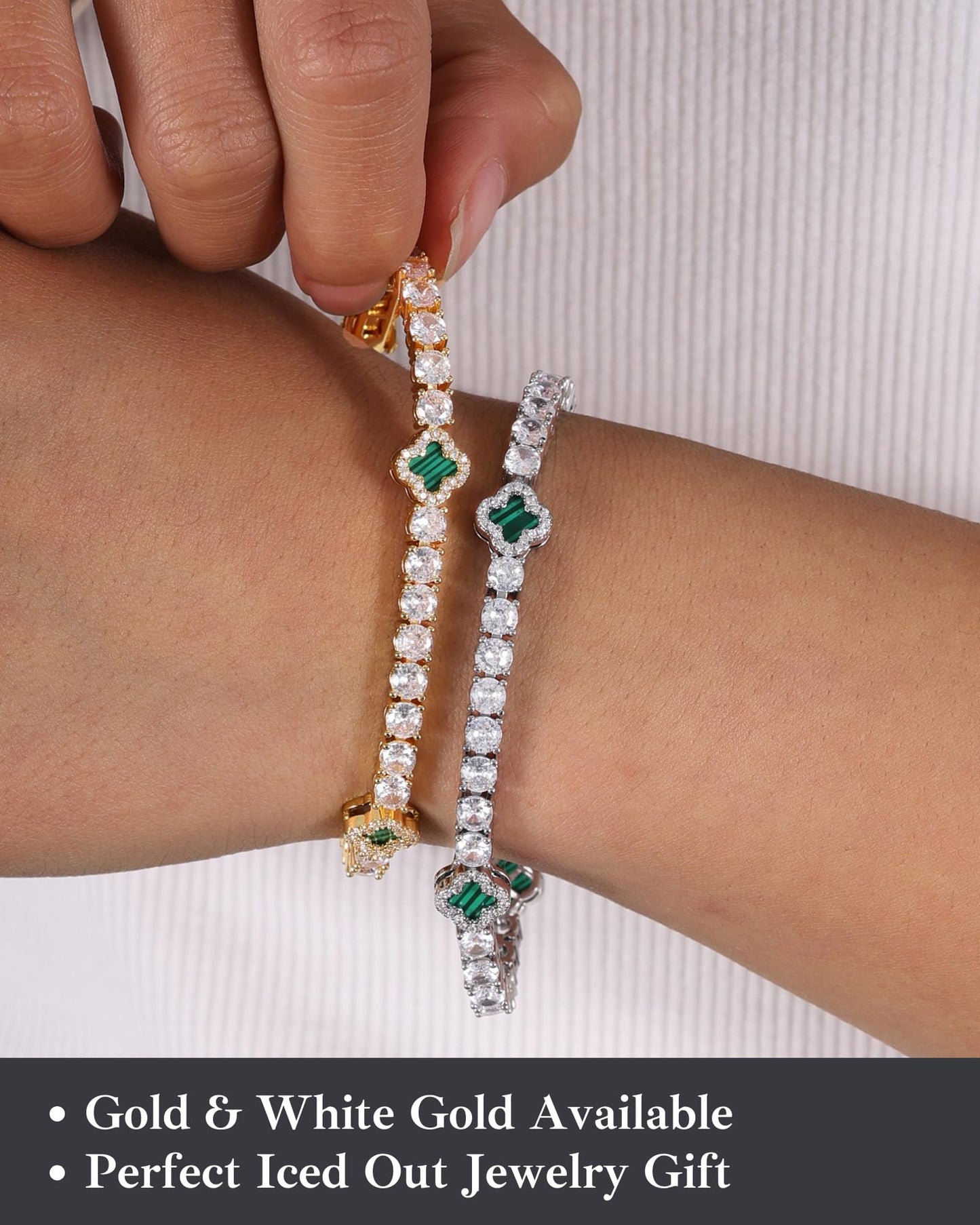 LuxeFlex 4mm Iced Out Clover Tennis Bracelet, White Gold Plated with 5A Zircon Stones, Handmade exquisite Hip Hop Jewelry, Perfect Unisex Gift (White Gold-Green,7)
