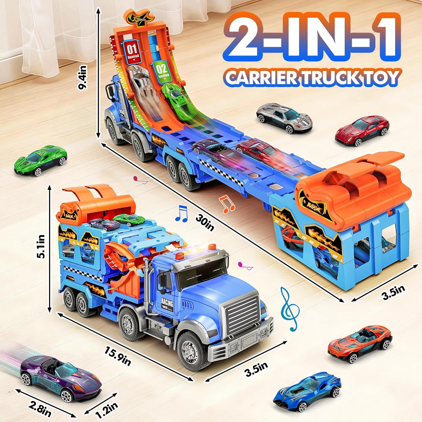 Kids Toys for 3 4 5 6 7 8 Years Old Boys, Carrier Truck Transport Car with Lights Sounds, Christmas Birthday Gift for Toddler, Foldable Layer Car Race Track Playset with Race Track, 6 Metal Toy Cars