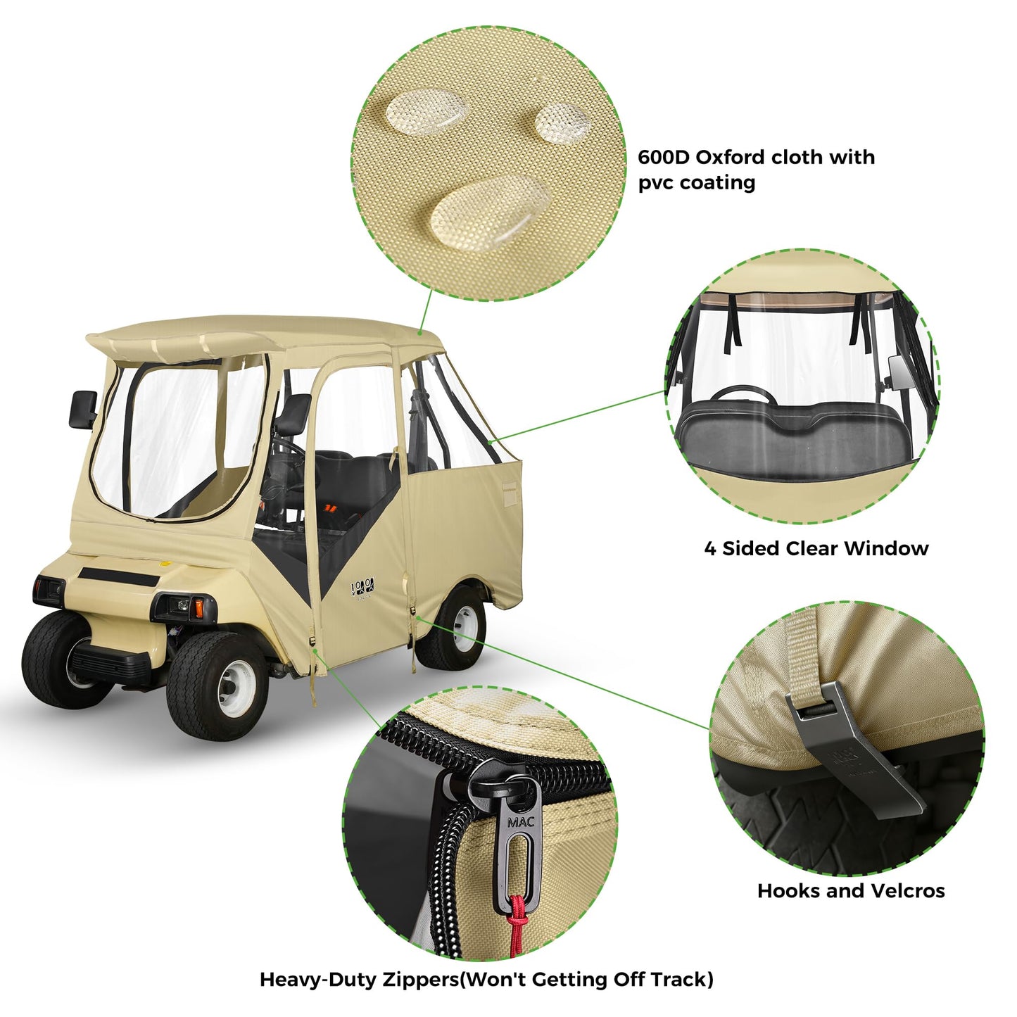 10L0L 4 Passenger Golf Cart Enclosure for Club Car DS (Short Roof 56"), Windproof Waterproof Portable Storage Cover 4-Sided Clear Window & Roll-up Zipper Door - Beige Gray
