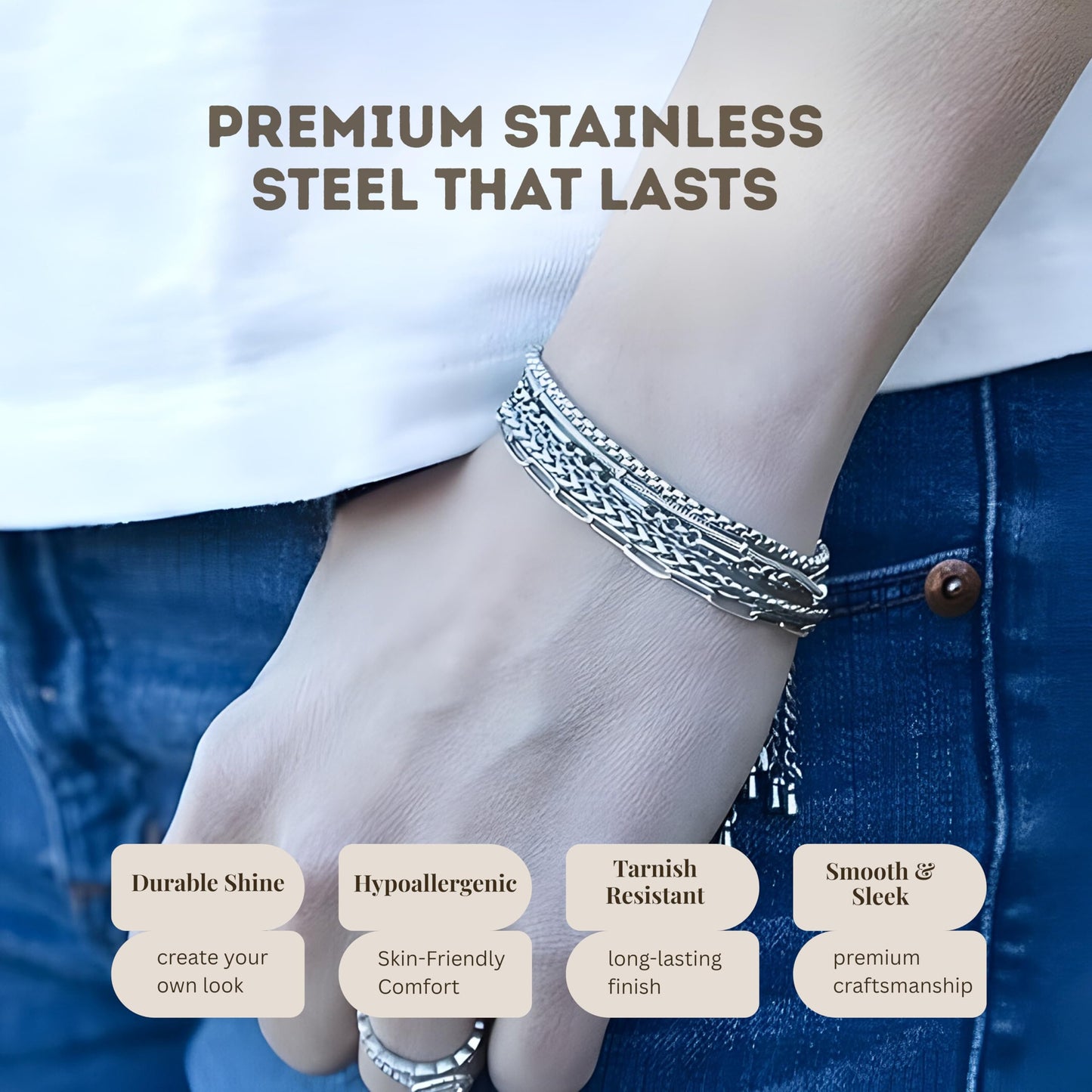 Cherry Tree Collection Stainless Steel Bracelets for Women | Stackable Bracelet Set of 6 Silver | (6-7.5") To Fit Most Wrists | Stainless Steel Charm Bracelet | Fashion Accessories Jewelry