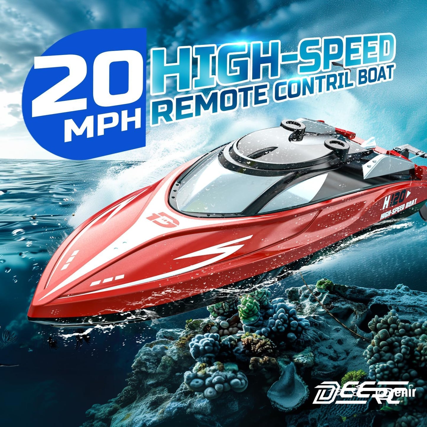 DEERC H120 Fast RC Boat for Pools and Lakes, 2.4 GHz 20+ MPH Racing Boats for Kids & Adults with Rechargeable Battery,Low Battery Alarm,Capsize Recovery,Gifts for Boys Girls