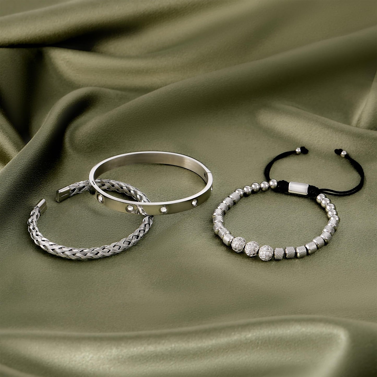 WFYOU 3PCS Stainless Steel Bracelets for Men Gold Roman Numeral Bangle Bracelet Twisted Cable Bracelet Adjustable Cuff Bracelet Mens Luxury Jewelry Bracelets Gifts(N:Silver-CZ Round Beads)