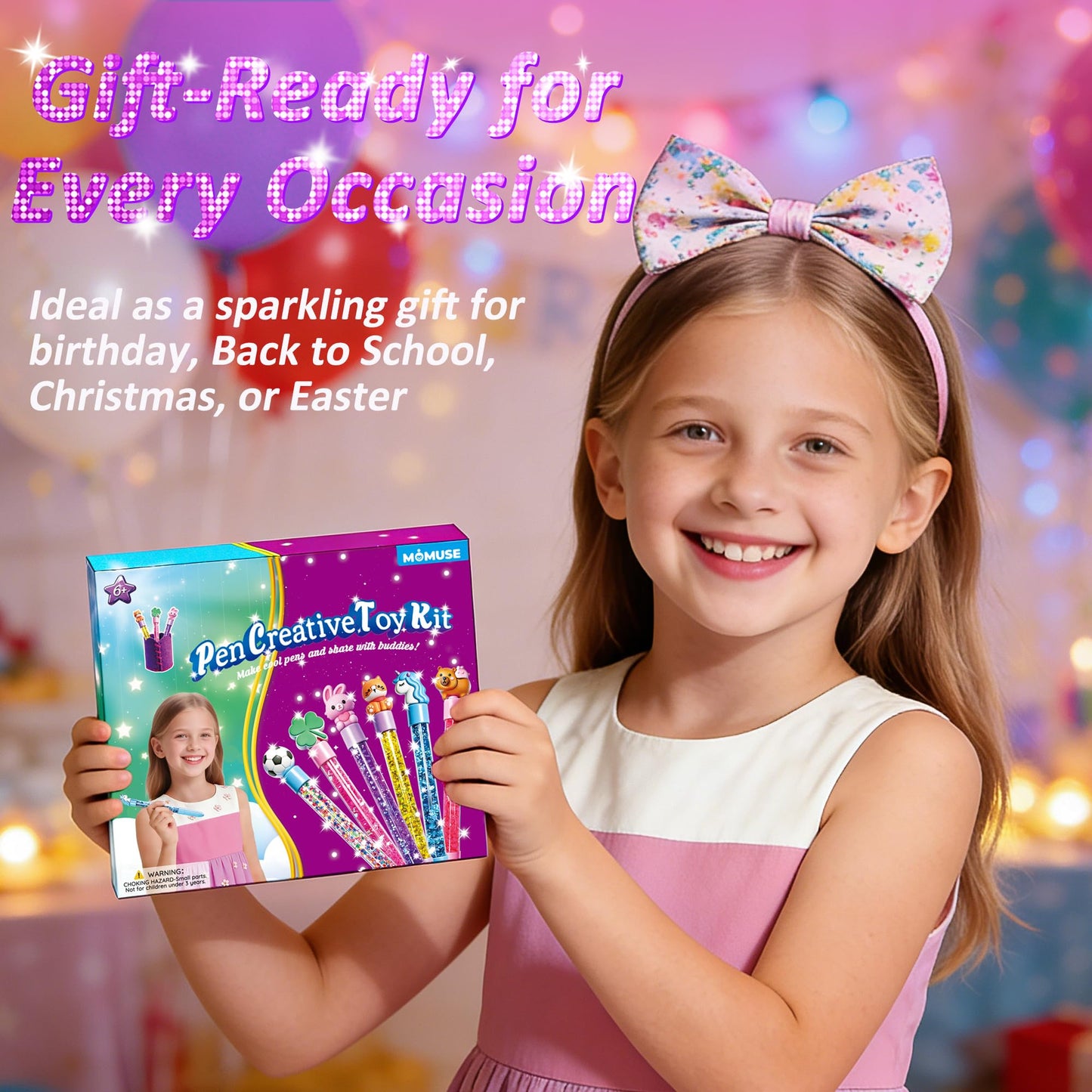 MOMUSE DIY Pen Making Kit, Fun Pen Creator Studio – Make 6 Sparkly Glitter Pens & Stitch Your Own Pen Holder, Creative Craft Toy Sewing Kits for Kids Girls Tweens 6 7 8 9 10 11 12 Birthday Gift