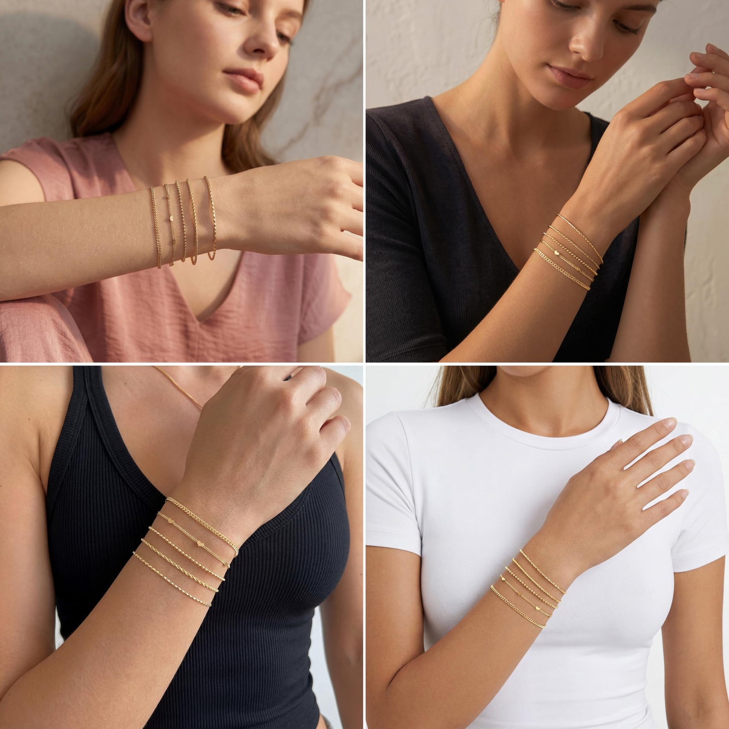 Dainty Gold Bracelets Set for Women Stackable, 14K Gold Plated Stainless Steel Layered Bracelets, Simple Waterproof Non Tarnish Link Chain Bracelets, 5Pcs Jewelry Gifts fpr Women