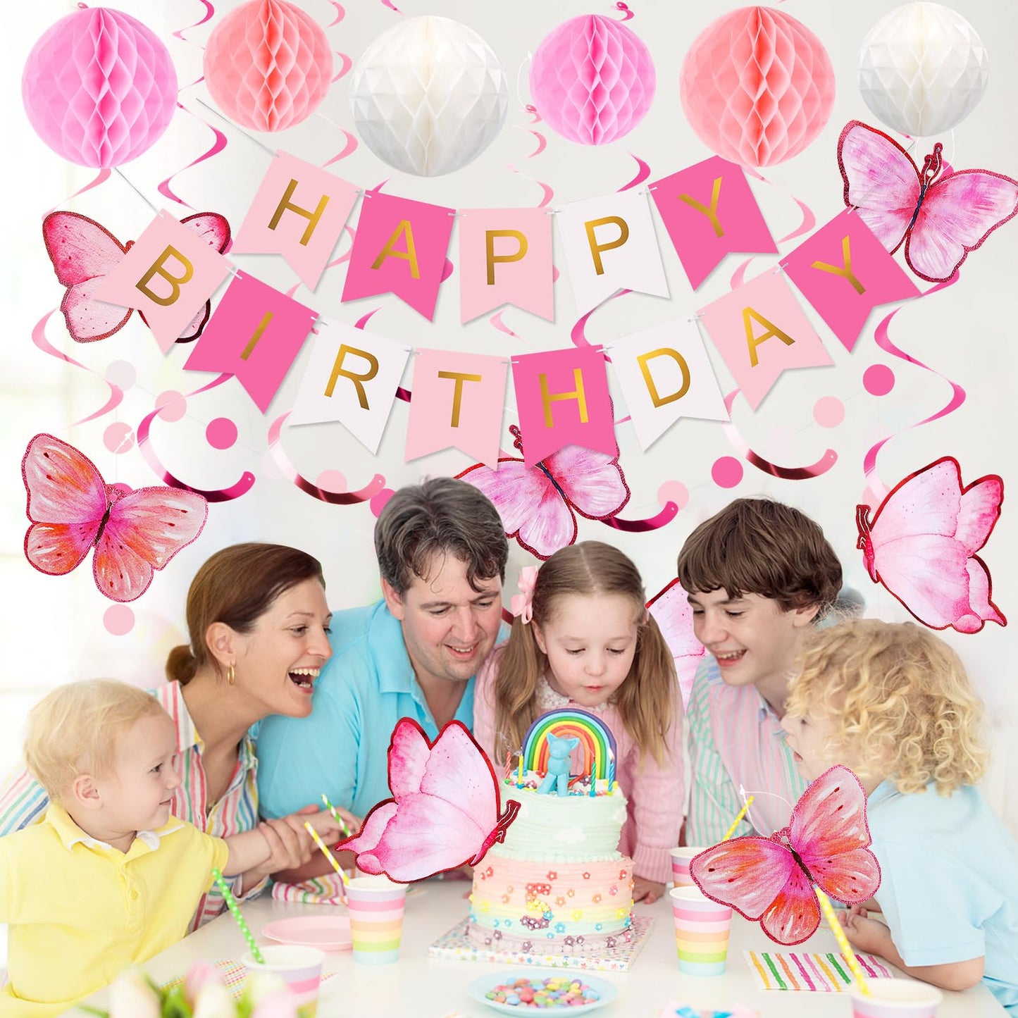 meowtastic Birthday Decorations, Happy Birthday Banner with Honeycomb Balls, Butterfly Hanging Swirl Streamers, Circle Dots Garland, Happy Birthday Party Decorations for Women Girls (Pink & White)