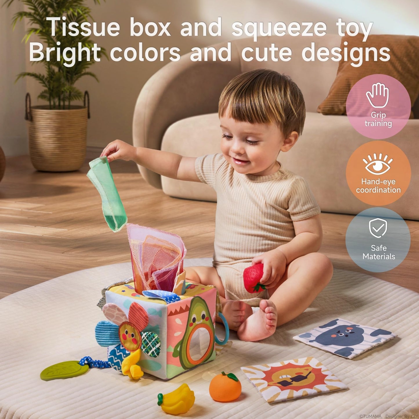 TUMAMA Baby Tissue Box Toys - Montessori Baby Toys for 6-12 Months, Soft Crinkle Sensory Toys for Babies 0-12 Months