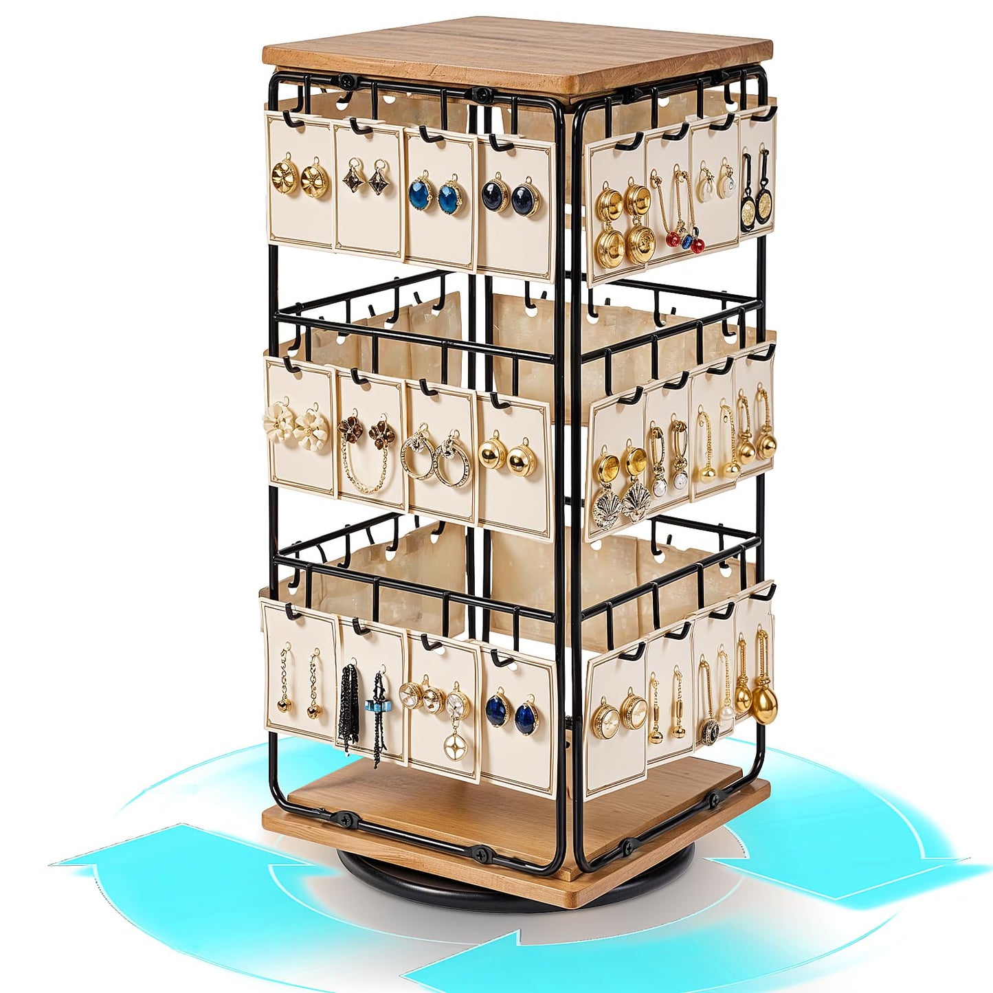 Rotating Earring Display Holder Stand for Vendors Events Selling, Large Capacity 48 Hooks Jewelry Rack with Wooden Base for Earring Card Sales, Enhances Retail Visibility