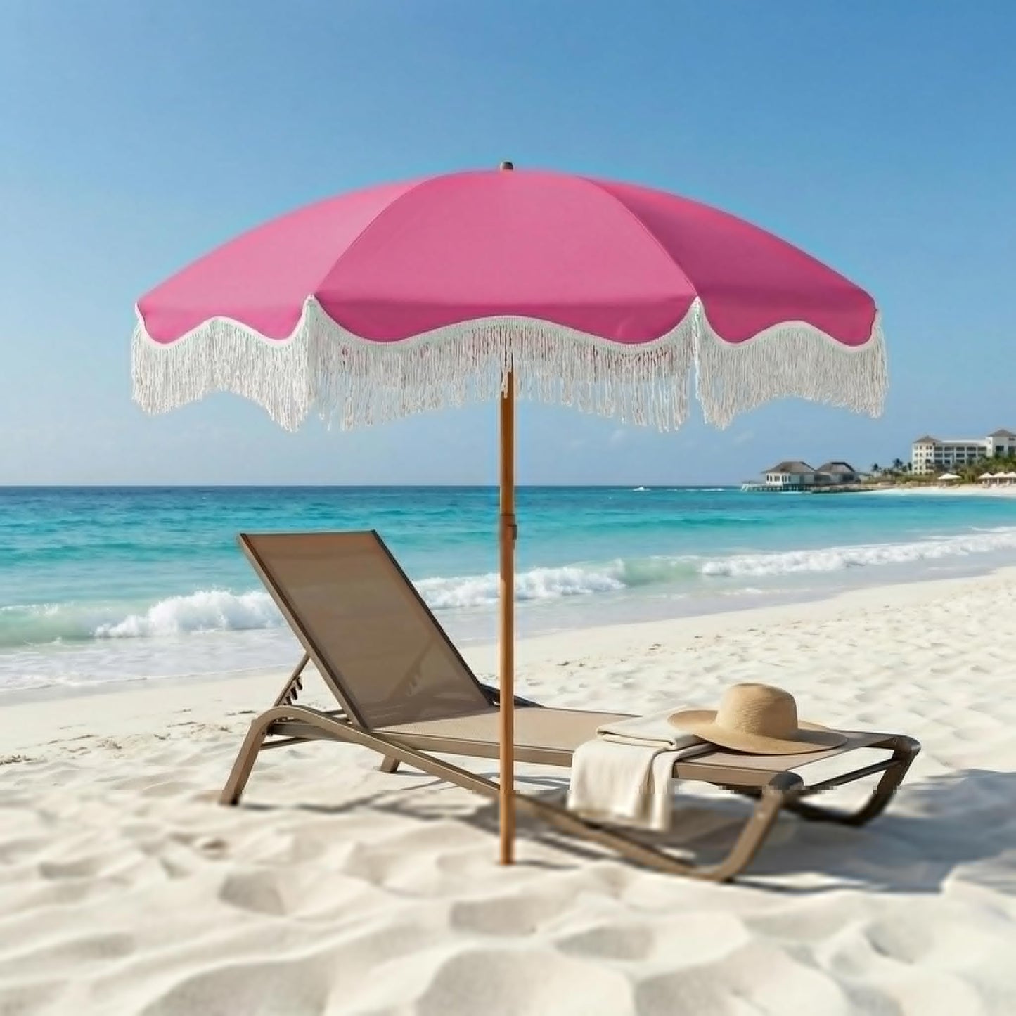 Patio Kingdom 7ft Patio Umbrella with Fringe, Boho Beach Umbrellas, Outdoor Tassels Umbrellas with Push Button Tilt & Carrying Bag, 8 Windproof Fiberglass Ribs, UPF50+, Light Pink