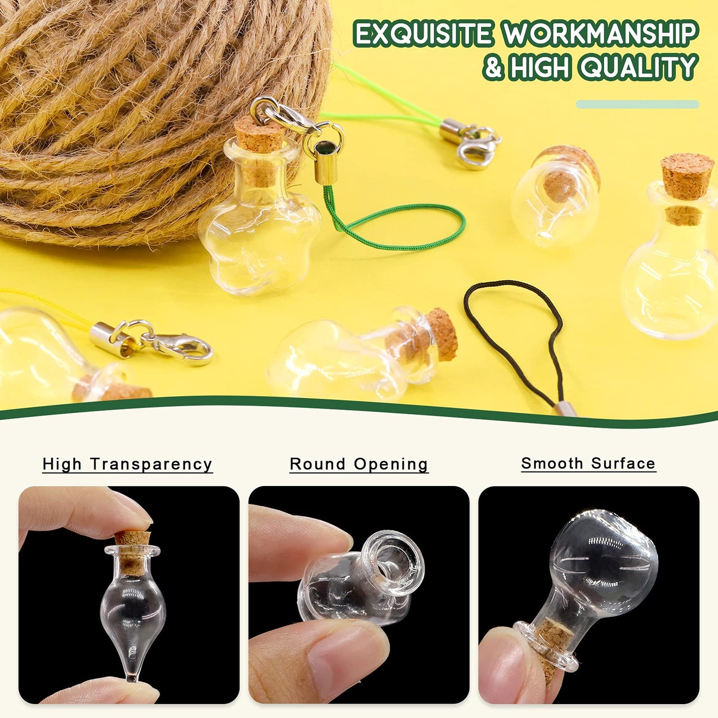Keadic 119 Pcs 6 Shapes Mini Tiny Clear Glass Jars Bottles Set Includes Wish Bottles Glass Favors Jars with Cork Stoppers, Eye Screws, 32 Yards Twine for Arts Crafting, Projects, Decor, Party Favors