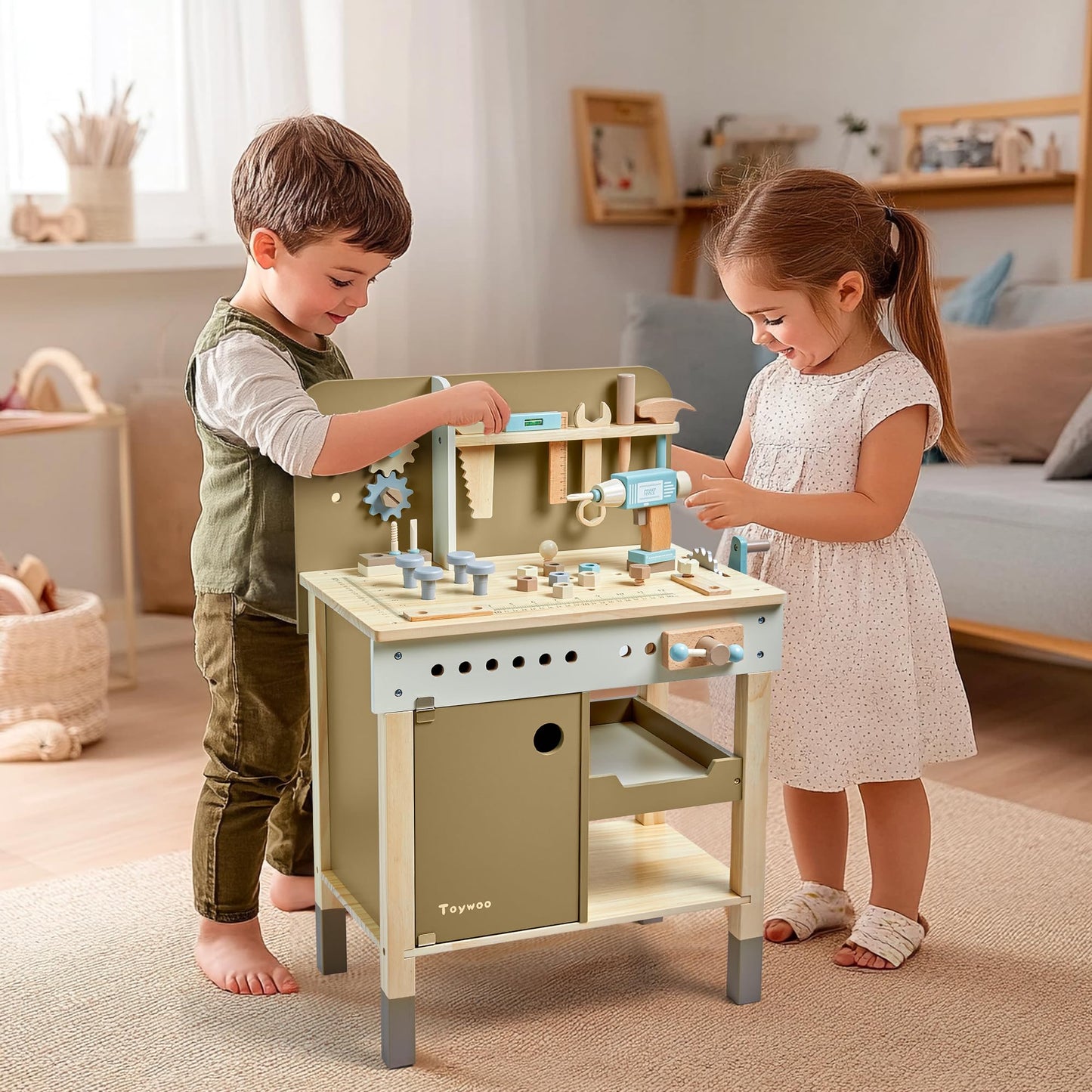 Kids Tool Set,Wooden Tools Bench with Apron Toddler Toy Workbench with Realistic Tools Electric Drill STEM Construction Toy Gifts for Age 3-9 Boys Girls