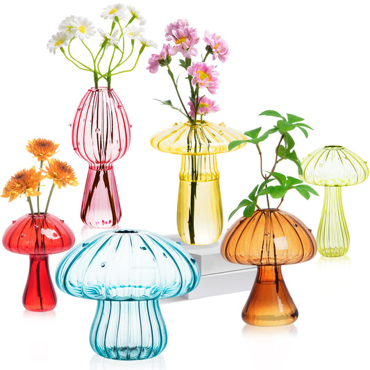 Mushroom Vase, Set of 6 Colored Flower Vase, Propagation Stations Vases, Small Bud Vases Home Decor Cute Glass Mushroom Planter for Room Office Decoration (Colorful)