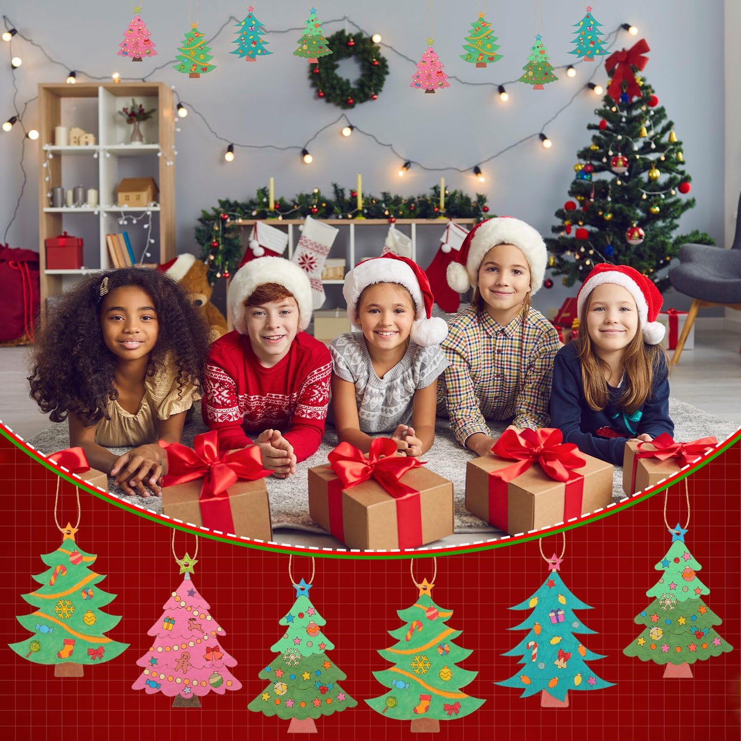 Blueweenly 24 Sets Christmas Craft Painting Kits for Kid DIY Wooden Christmas Tree Ornaments with Greeting Cards to Paint Cutouts Crafts Decorations Art Craft for Classroom Holiday Activities Party